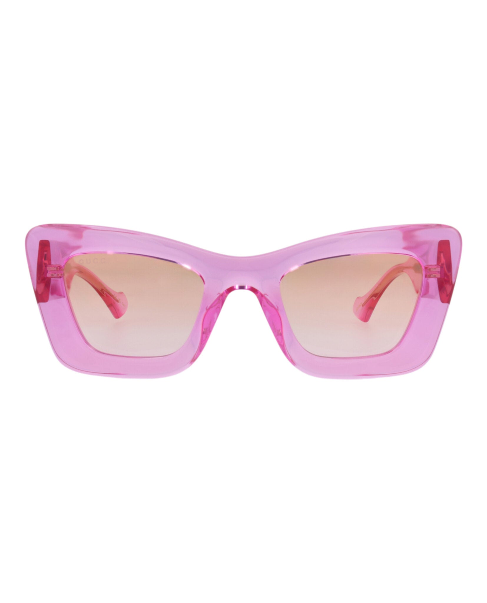 Pink translucent cat-eye sunglasses by Gucci, front view
