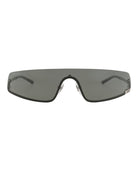 Grey metal shield-frame sunglasses with geometric profile by Gucci, front view