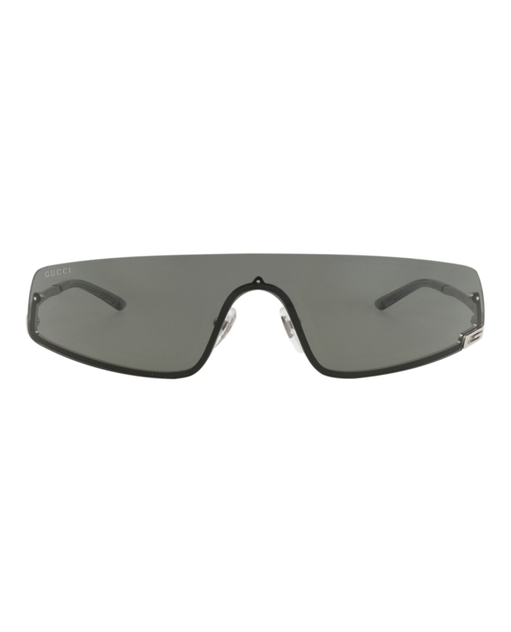 Grey metal shield-frame sunglasses with geometric profile by Gucci, front view