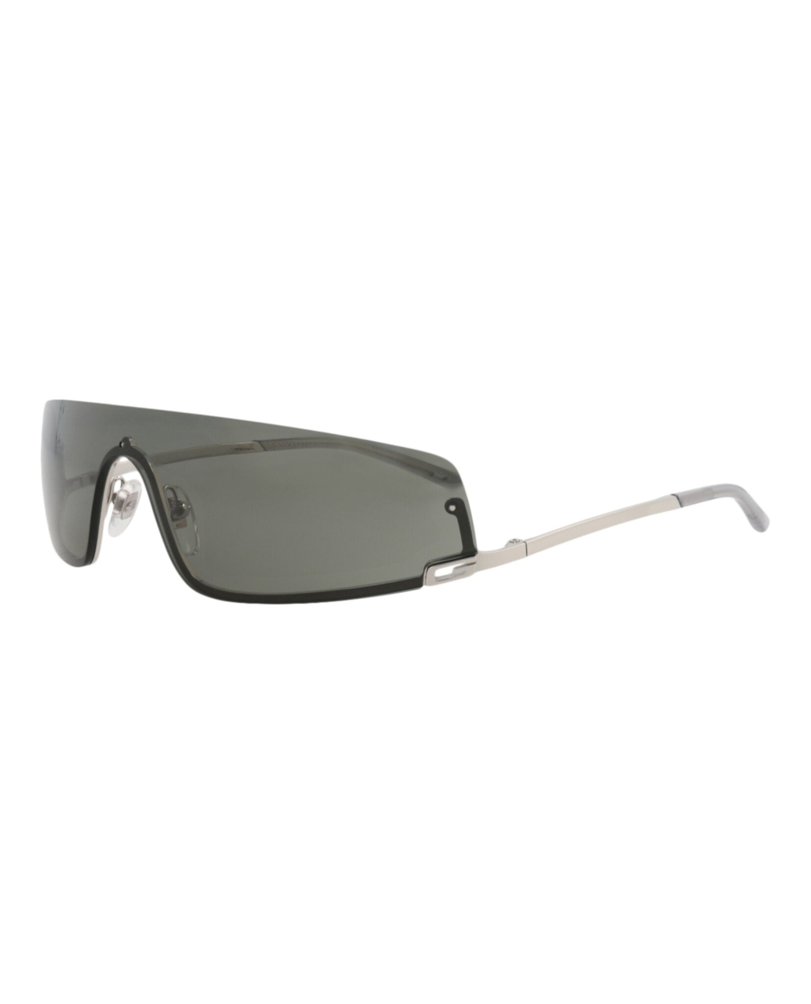 Grey metal Gucci shield sunglasses, side temple view