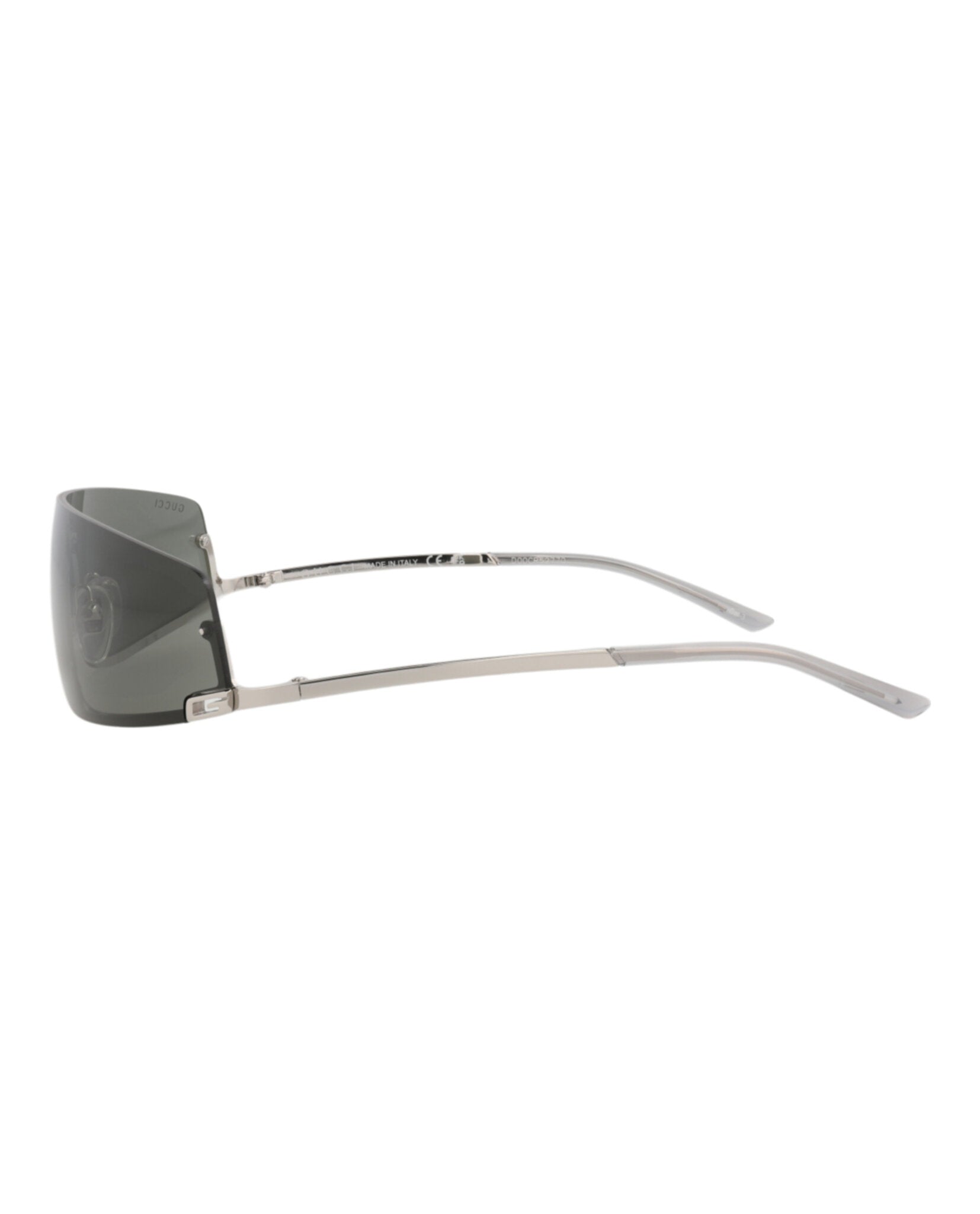 Gucci geometric shield sunglasses in grey metal, angled view