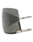 Grey metal shield-frame sunglasses by Gucci, top view showing nosepads