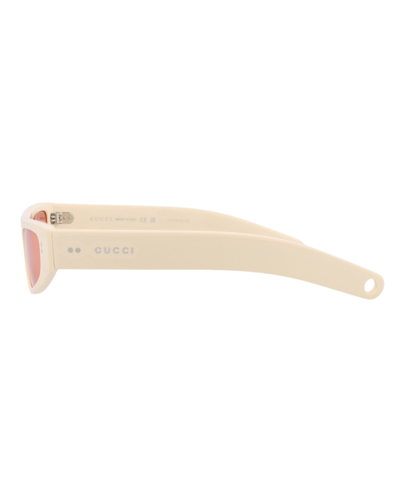 Ivory cat-eye sunglasses with rose lenses by Gucci, temple detail