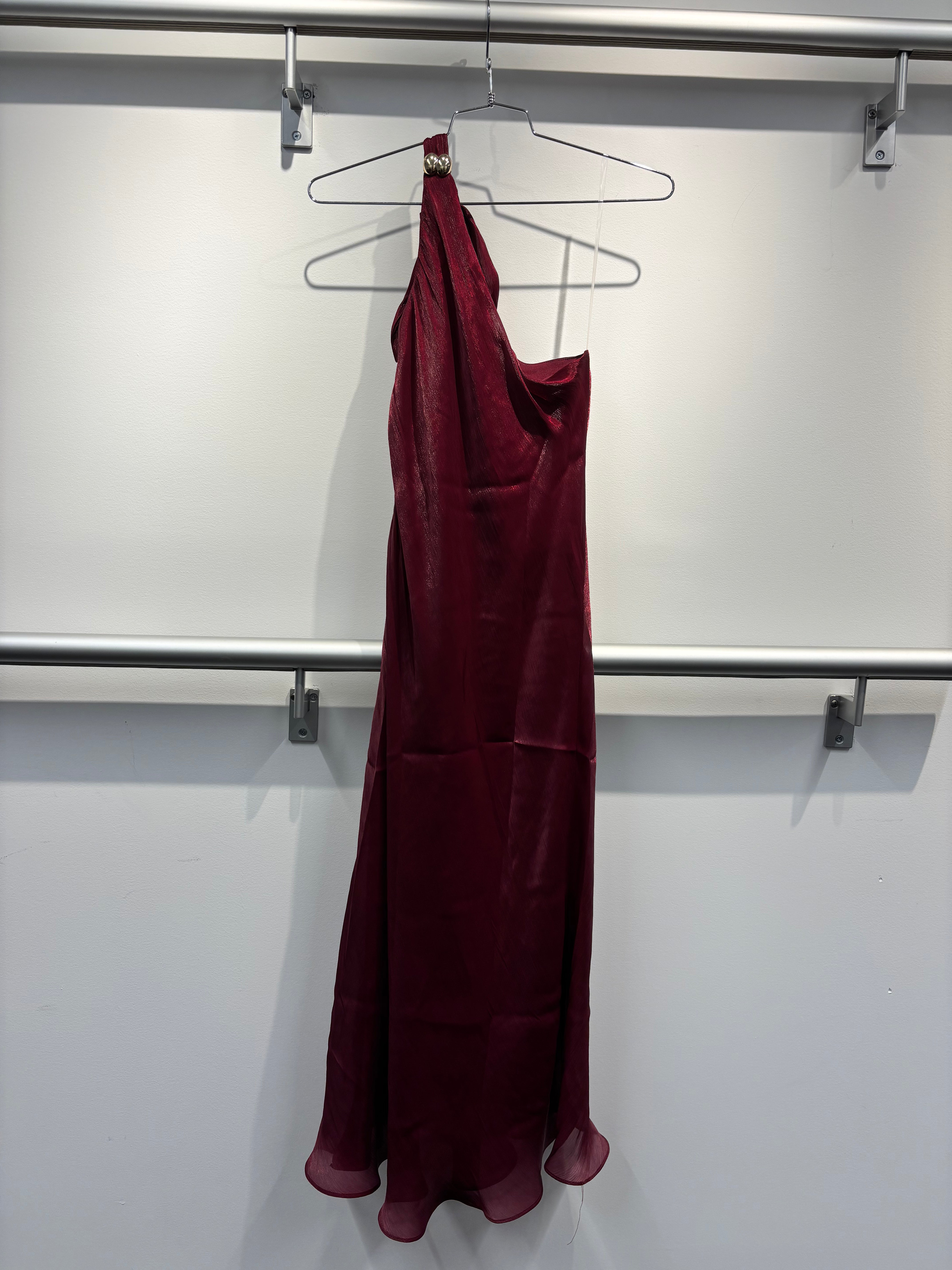 Burgundy satin slip dress with asymmetric neckline, alternate view