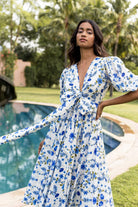 Beyond by Vera Lola dress with bougainvillea print, side angle