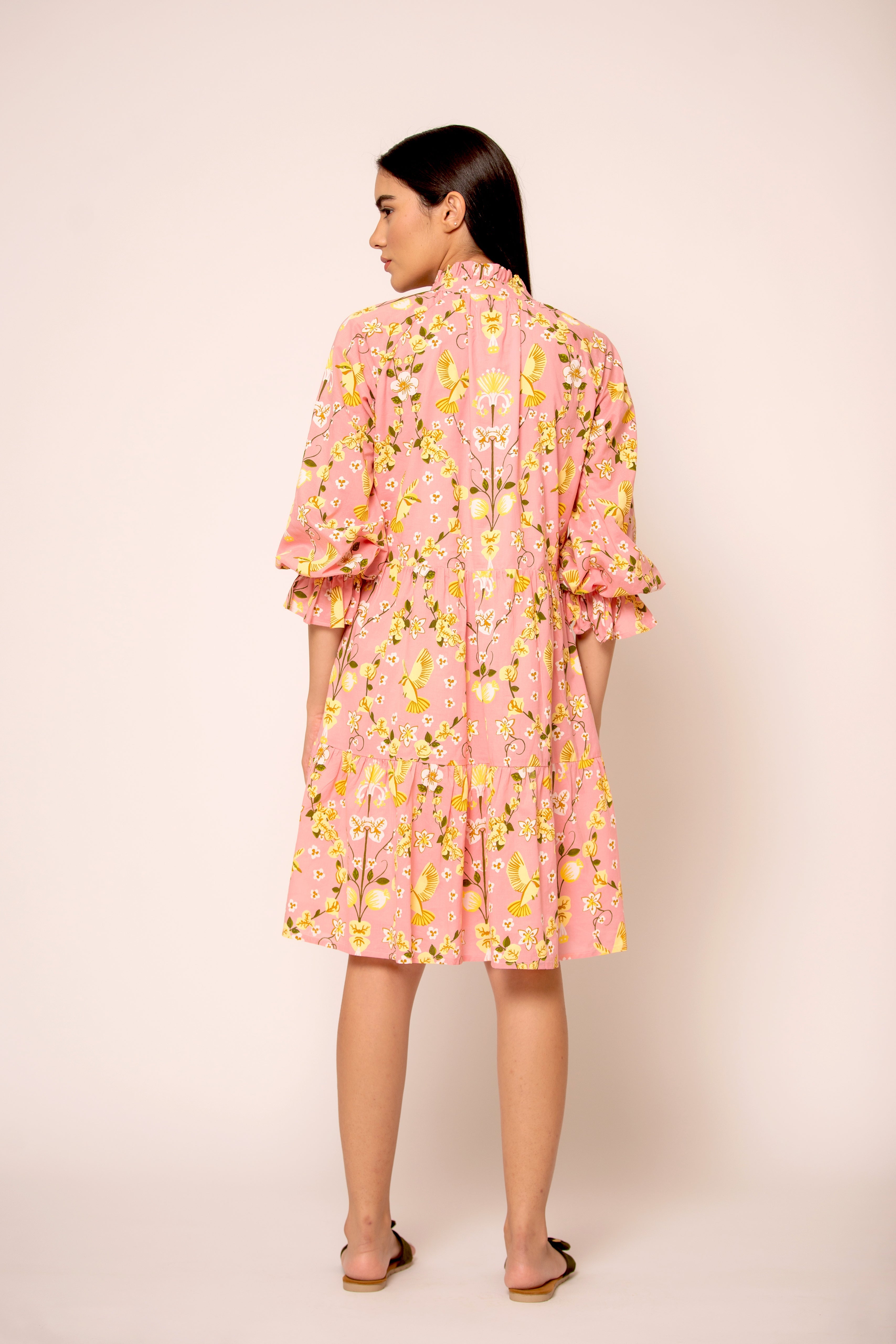Pink and peach floral pattern on cotton cambric dress by Beyond by Vera, detail view