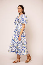 Floral print wrap dress with V-neckline, front detail view