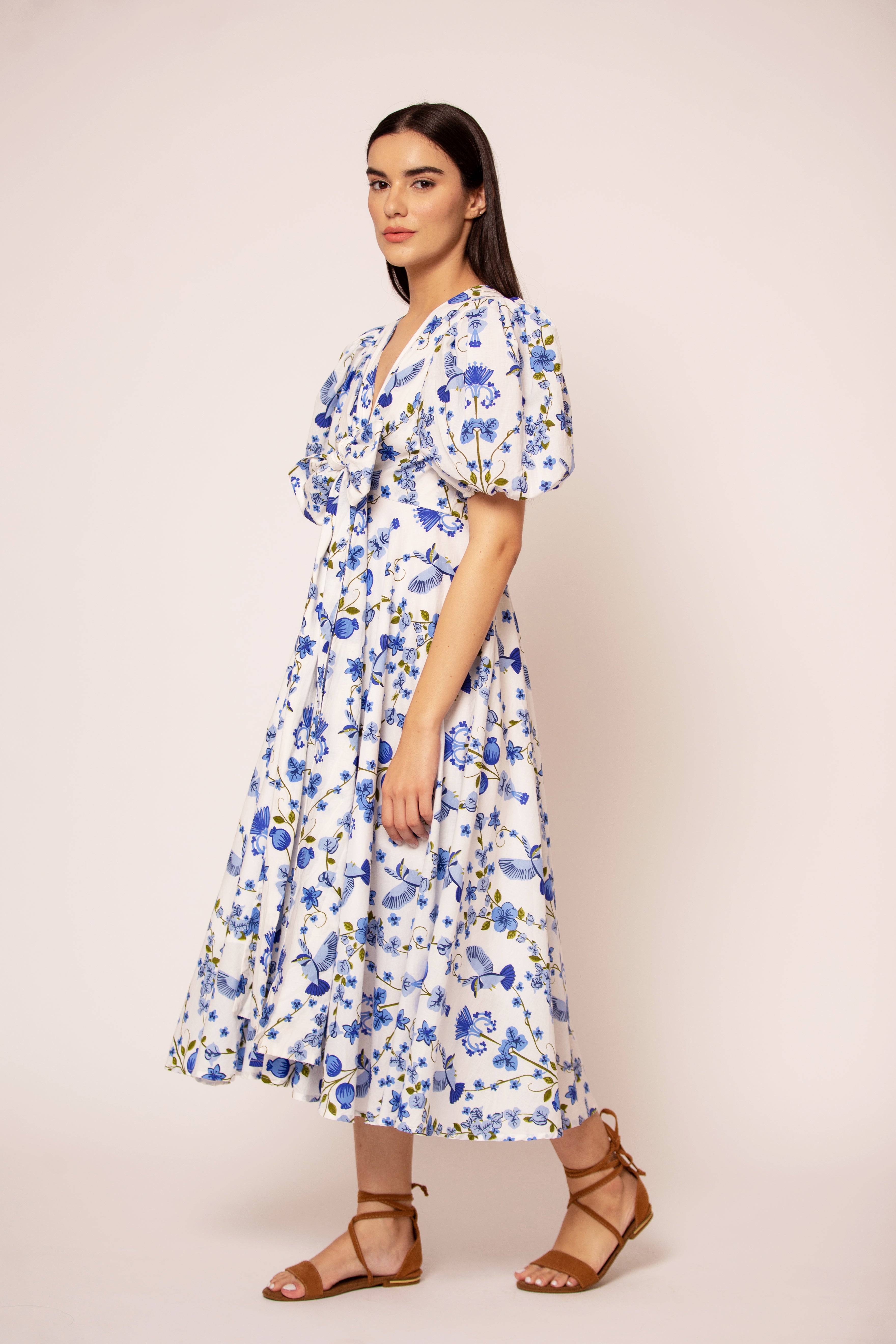 Floral print wrap dress with V-neckline, front detail view