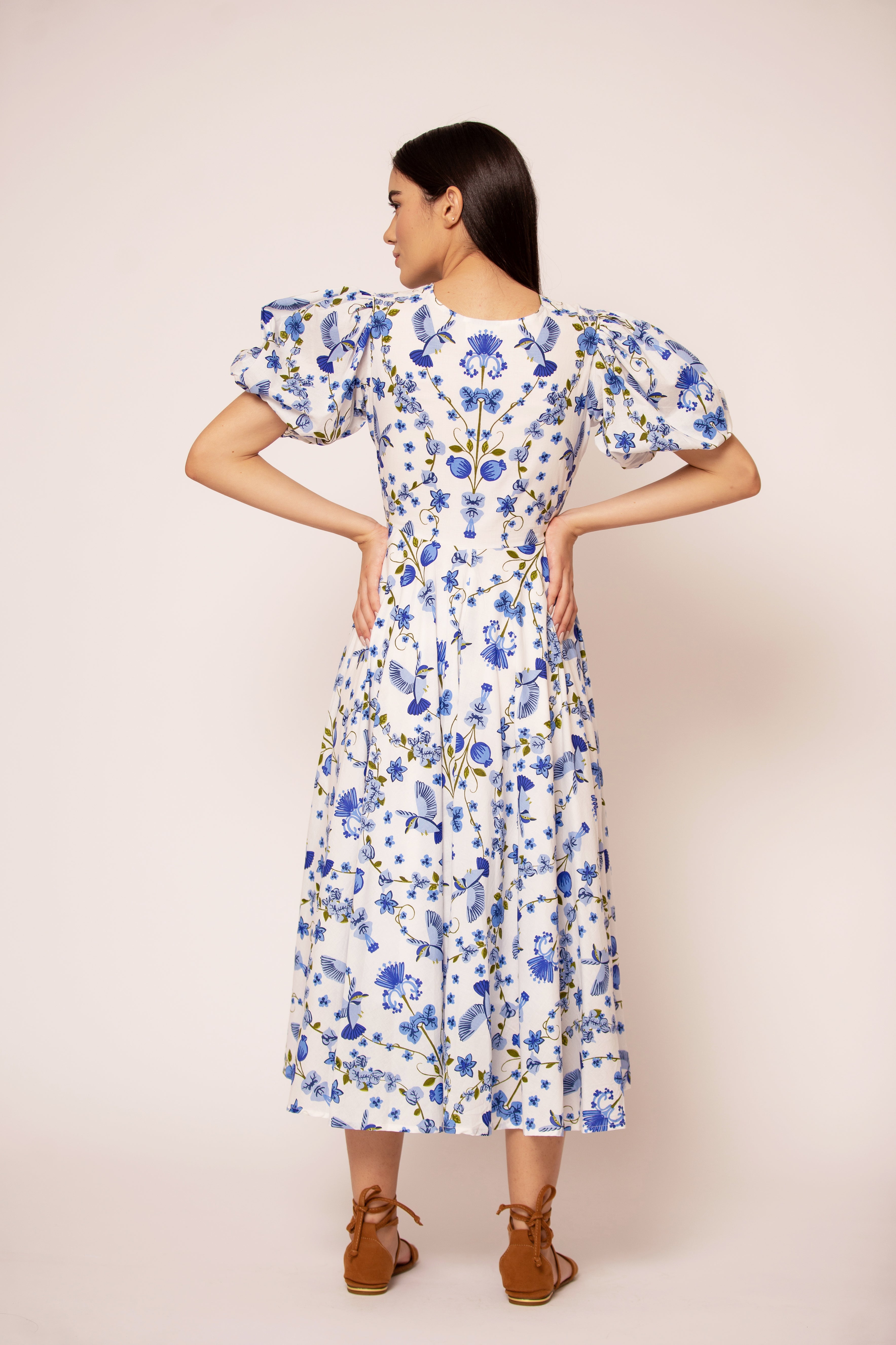 Midi wrap dress with bougainvillea-inspired print, side view