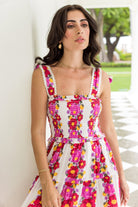 Floral midi dress with smocked bodice, close-up of neckline by Beyond by Vera