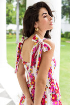 Floral Mia dress showing waist ruffle detail by Beyond by Vera