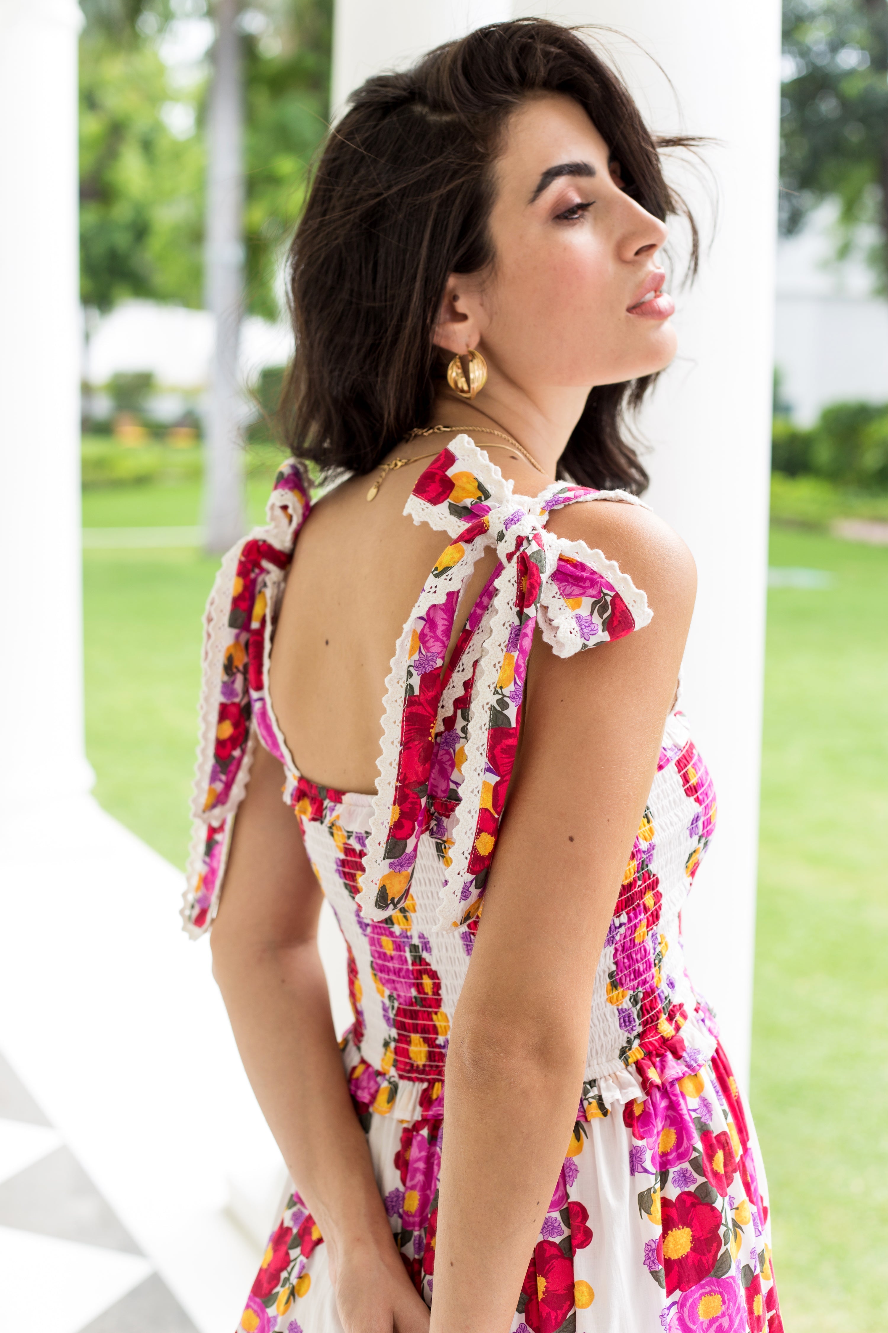 Floral Mia dress showing waist ruffle detail by Beyond by Vera