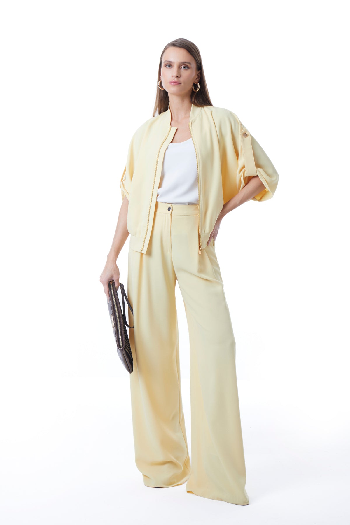 Yellow bomber jacket side view showing relaxed silhouette by Lord & Taylor Heritage