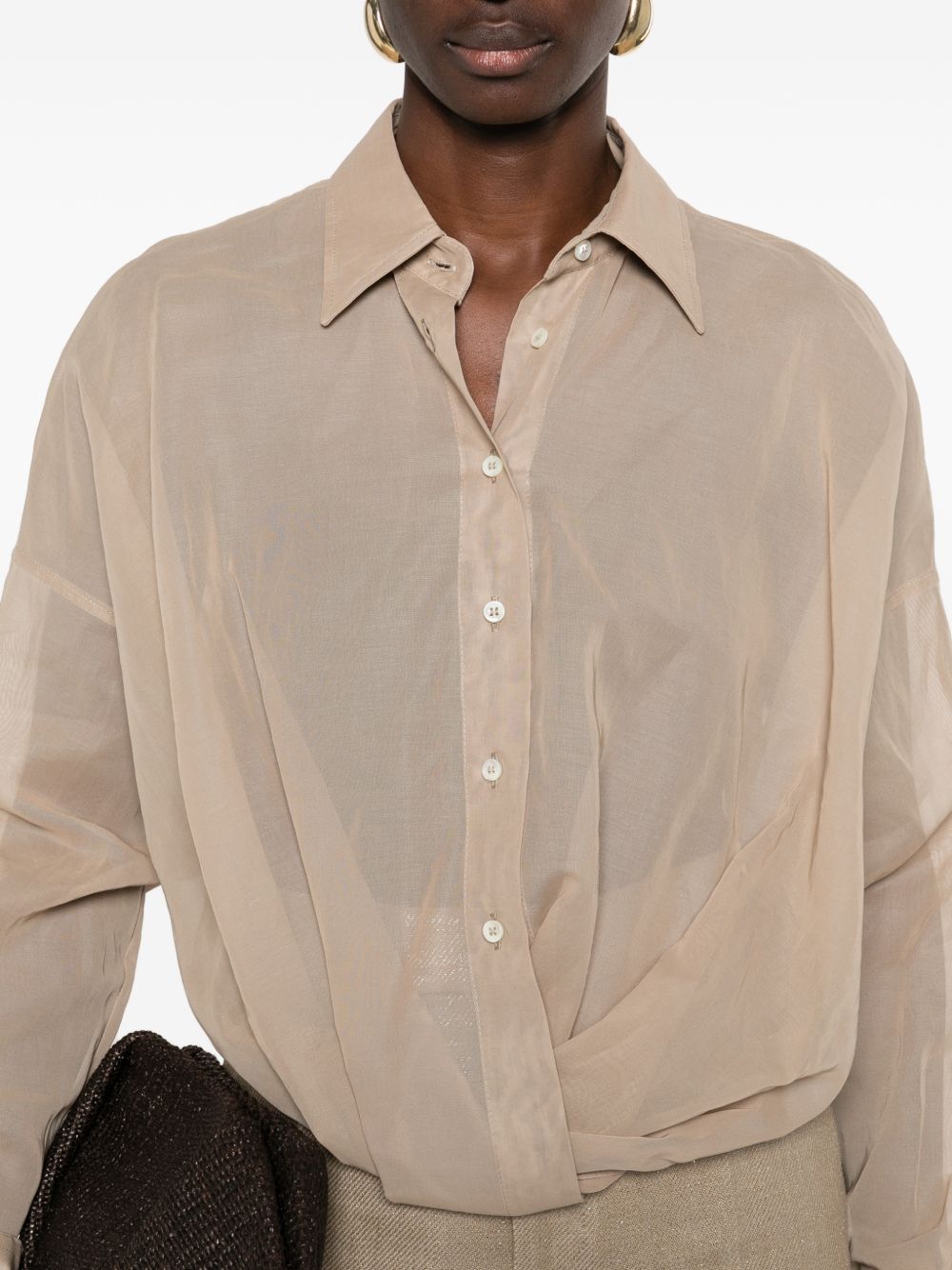 Beige Brunello Cucinelli cotton shirt showing collar and button closure detail