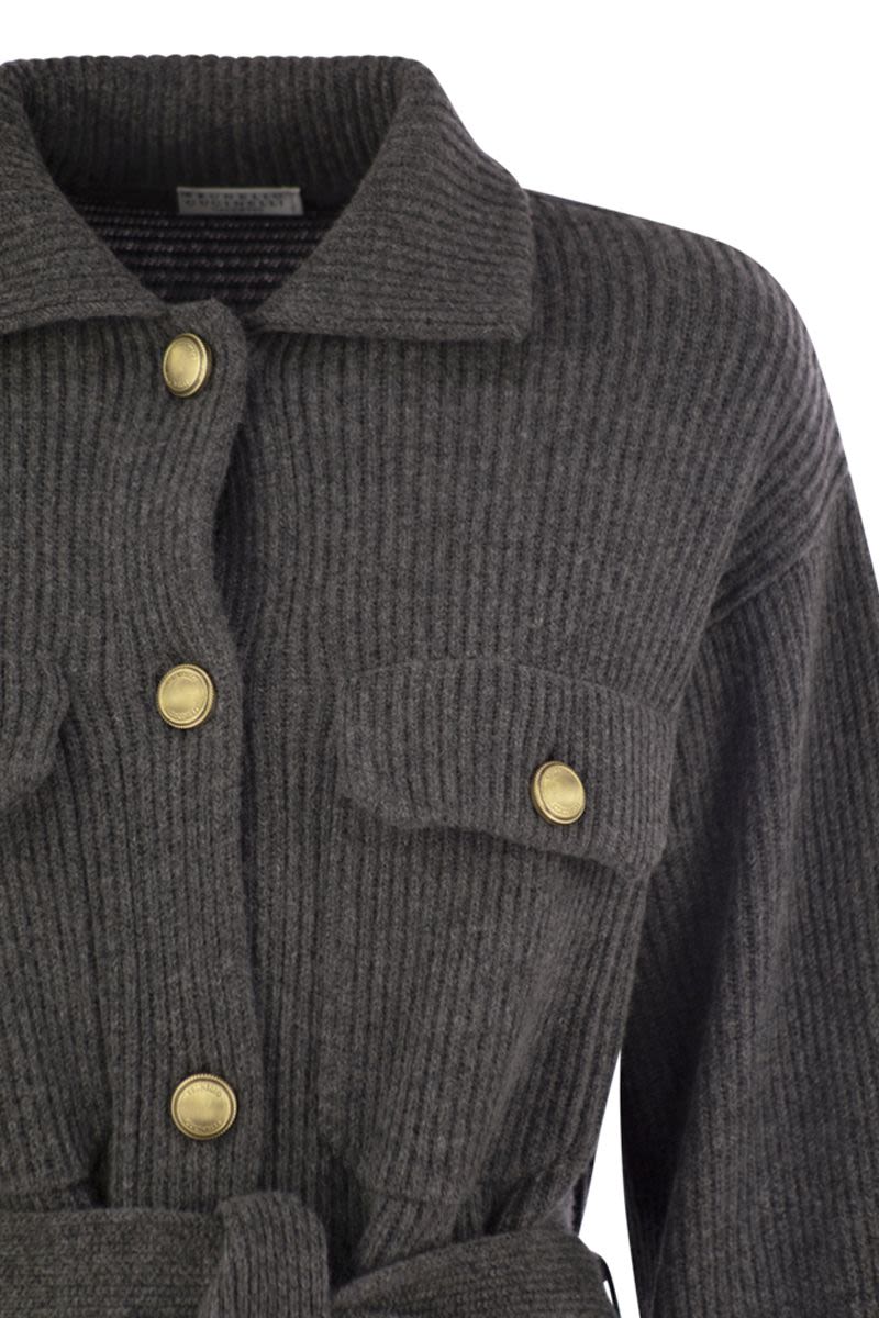 CARDIGAN IN VIRGIN WOOL, CASHMERE AND SILK ENGLISH RIB WITH METAL BUTTONS AND BELT Brunello Cucinelli