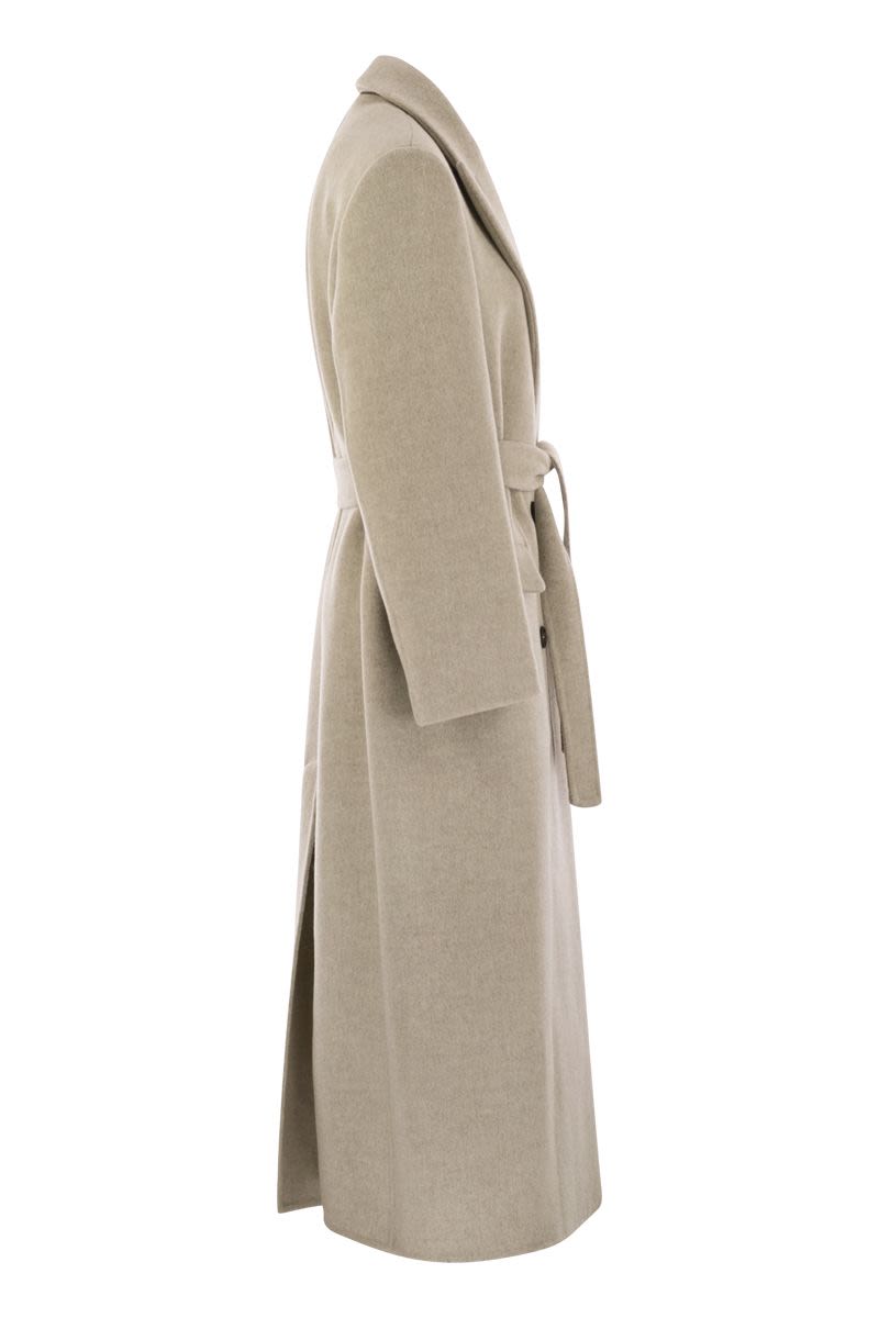DOUBLE-BREASTED COAT IN VIRGIN WOOL AND CASHMERE CLOTH WITH JEWELLERY Brunello Cucinelli