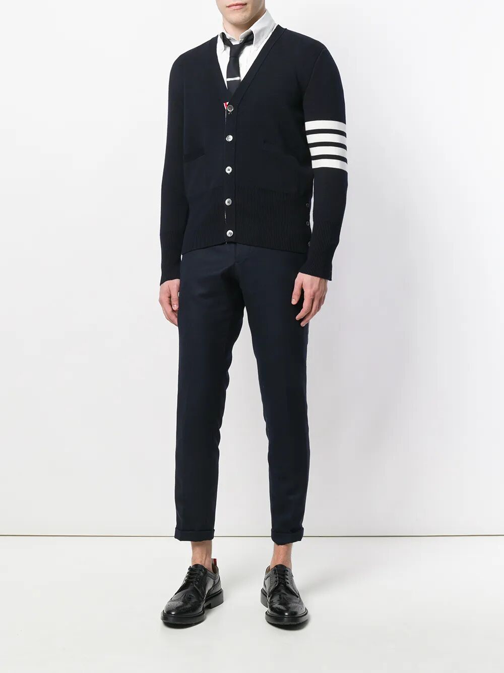 MILANO STITCH V NECK CARDIGAN WITH 4 BAR IN FINE MERINO WOOL Thom Browne