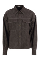 SPARKLING NO-FADE DENIM SHIRT WITH SHINY FLAP DETAIL Brunello Cucinelli BROWN XS