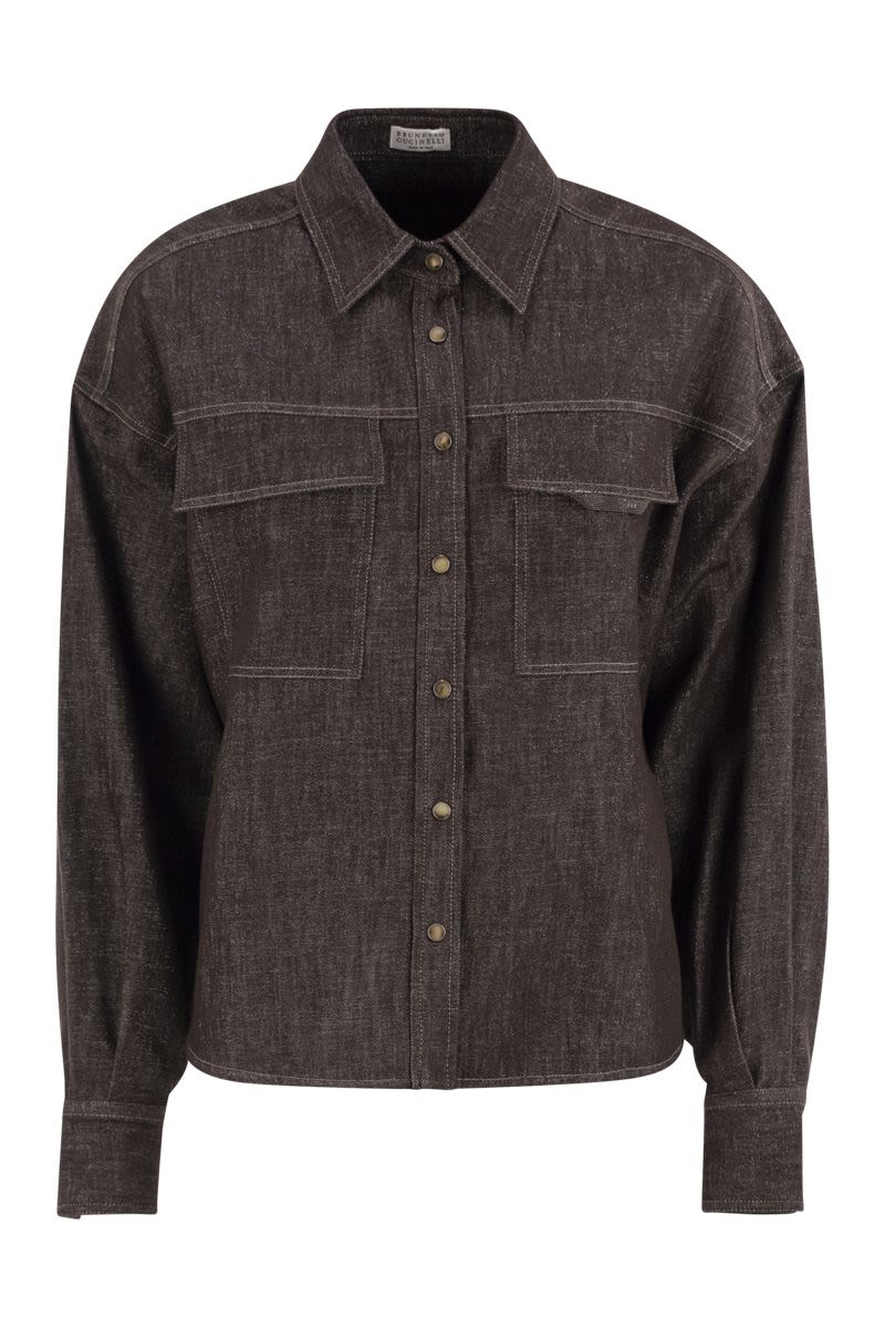 SPARKLING NO-FADE DENIM SHIRT WITH SHINY FLAP DETAIL Brunello Cucinelli BROWN XS