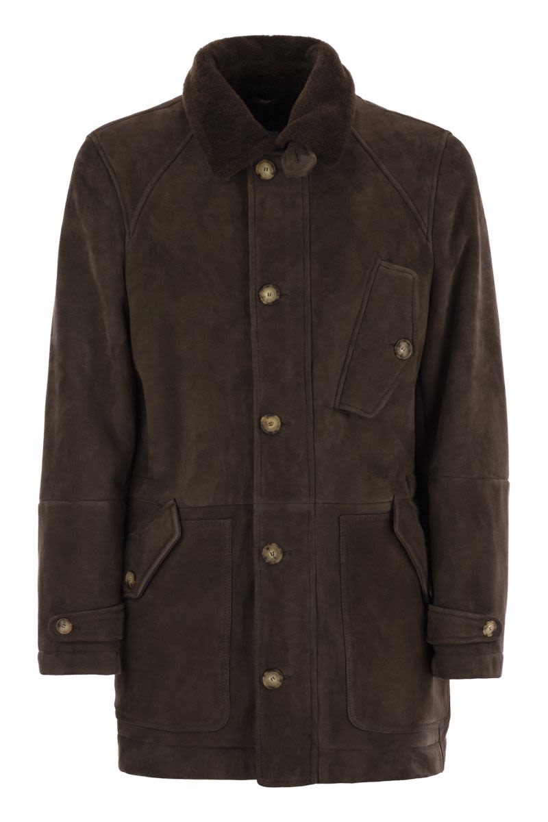 TONE-ON-TONE SUEDE SHEARLING COAT Brunello Cucinelli DARK BROWN M