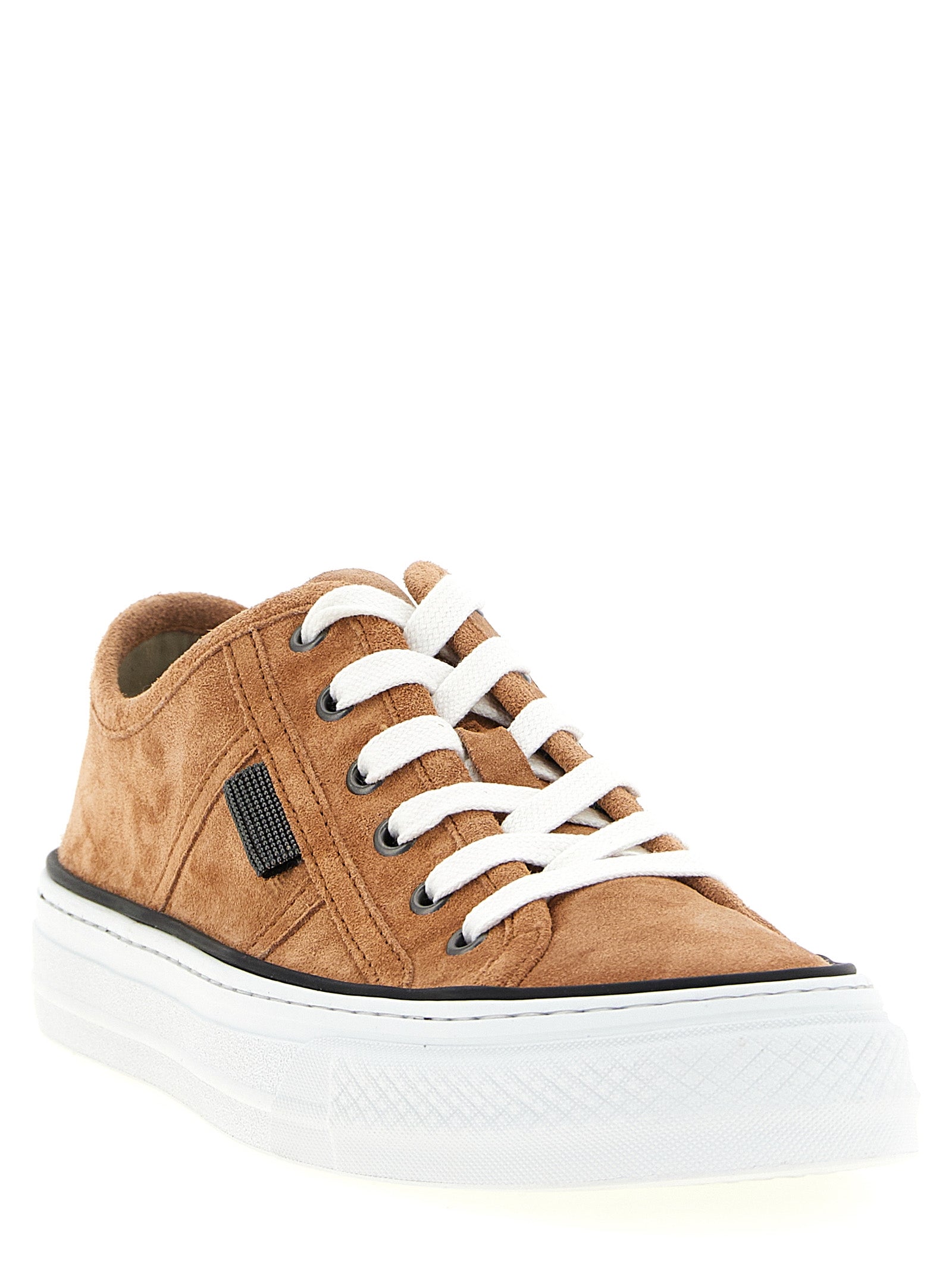 Brown suede low-top sneakers by Brunello Cucinelli, rear three-quarter view