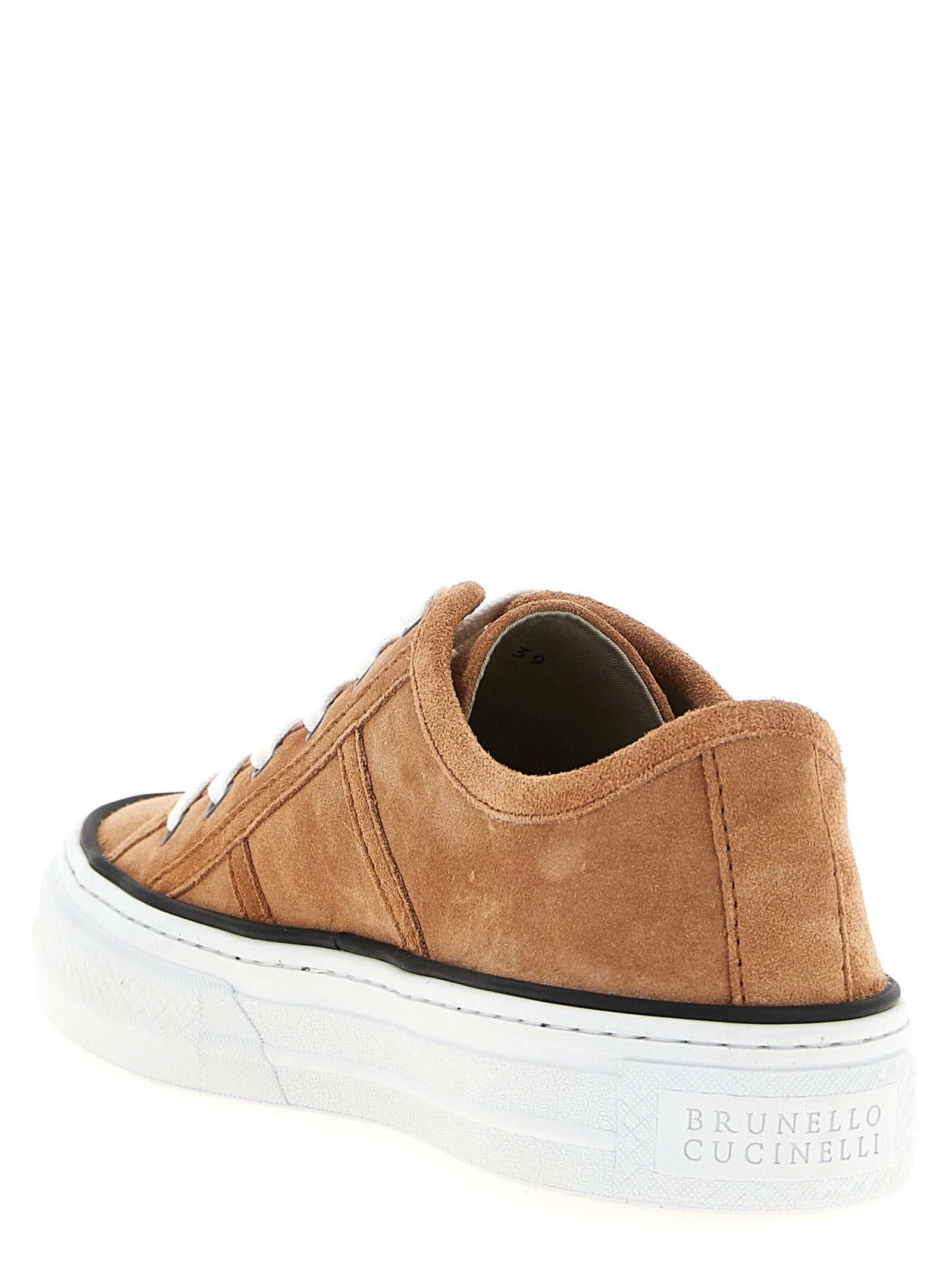 Brown suede low-top sneakers by Brunello Cucinelli, top view showing laces