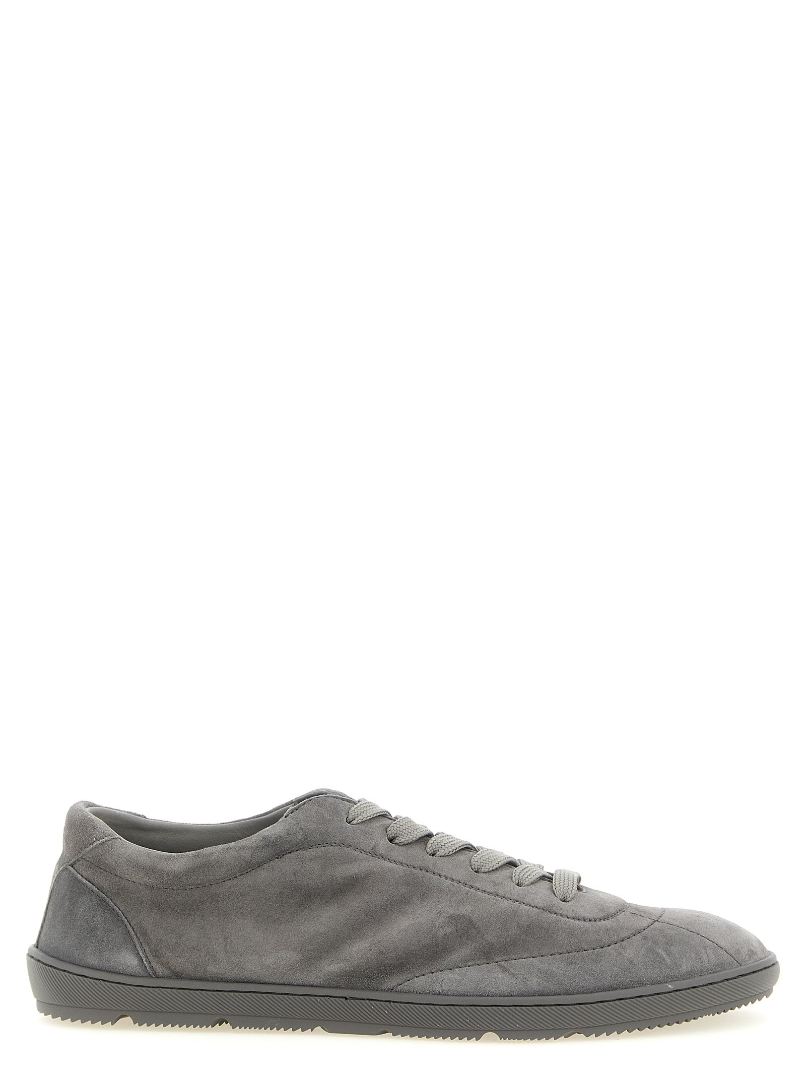 Grey suede low-top sneakers by Brunello Cucinelli, side view