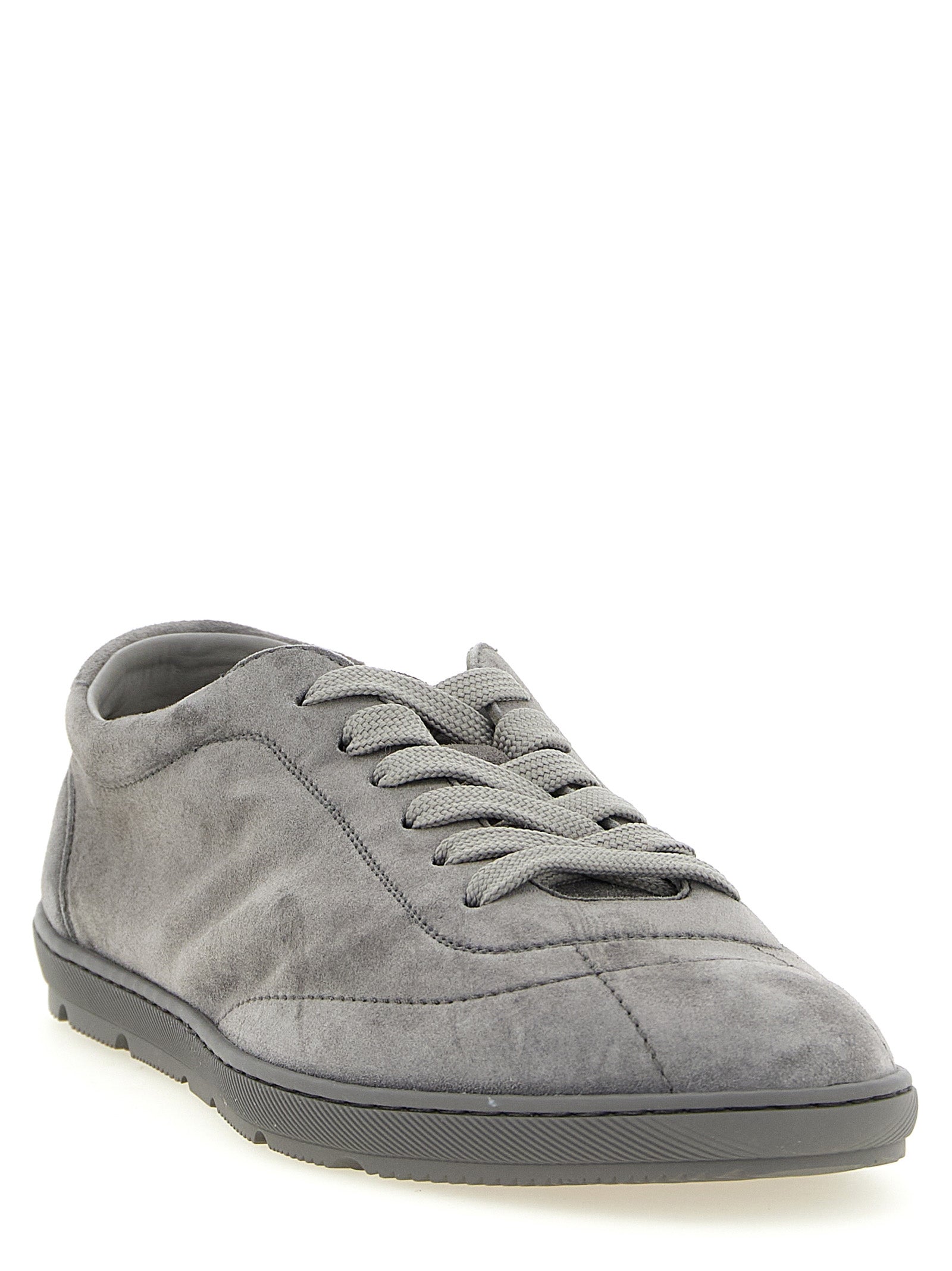 Grey suede low-top sneakers by Brunello Cucinelli, front view
