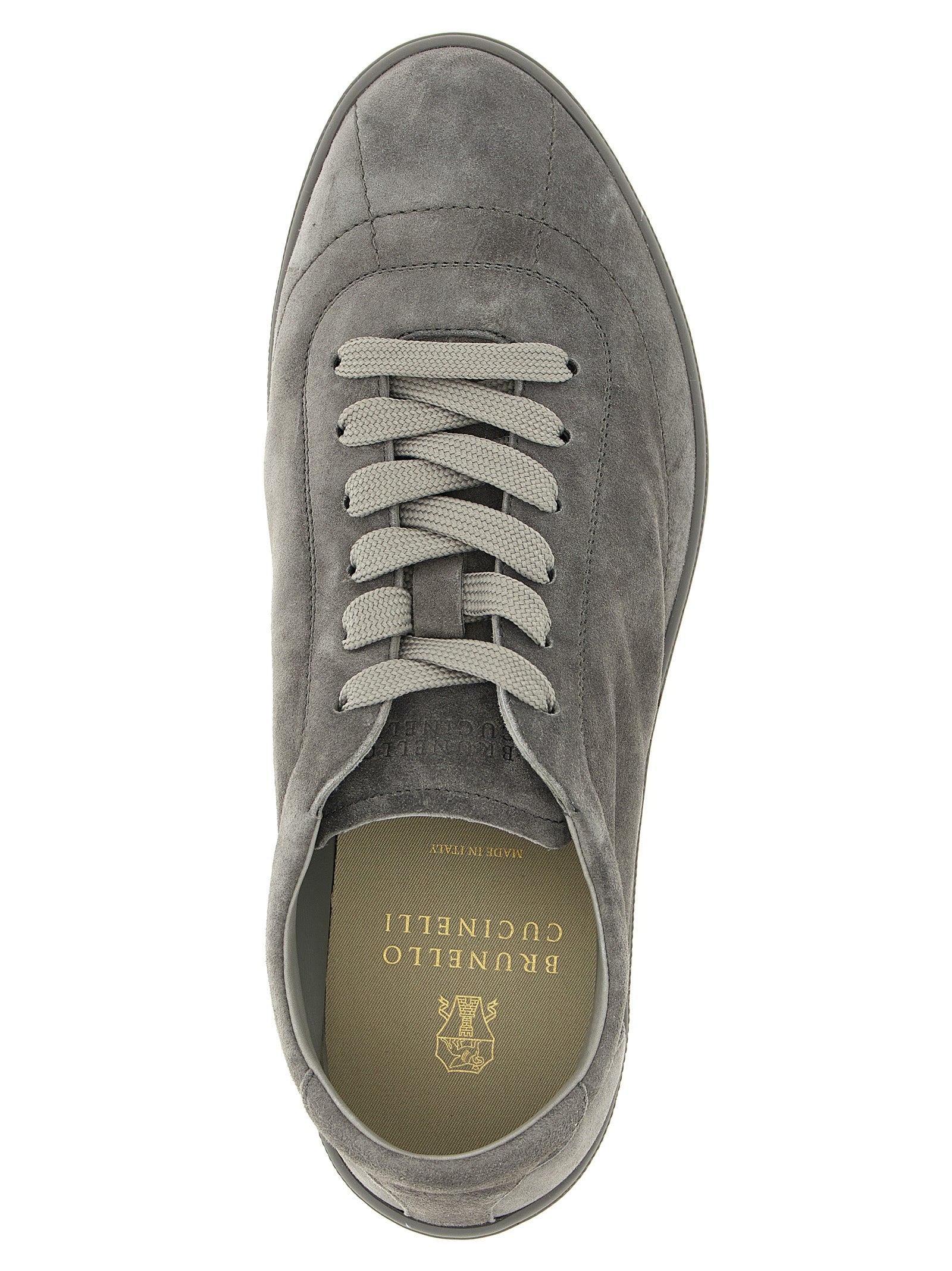 Grey suede low-top sneakers by Brunello Cucinelli, sole detail