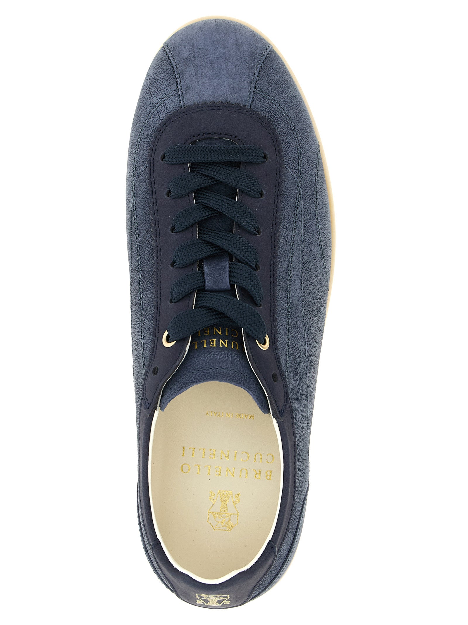 Blue textured nubuck and suede sneakers with lace closure by Brunello Cucinelli, side view