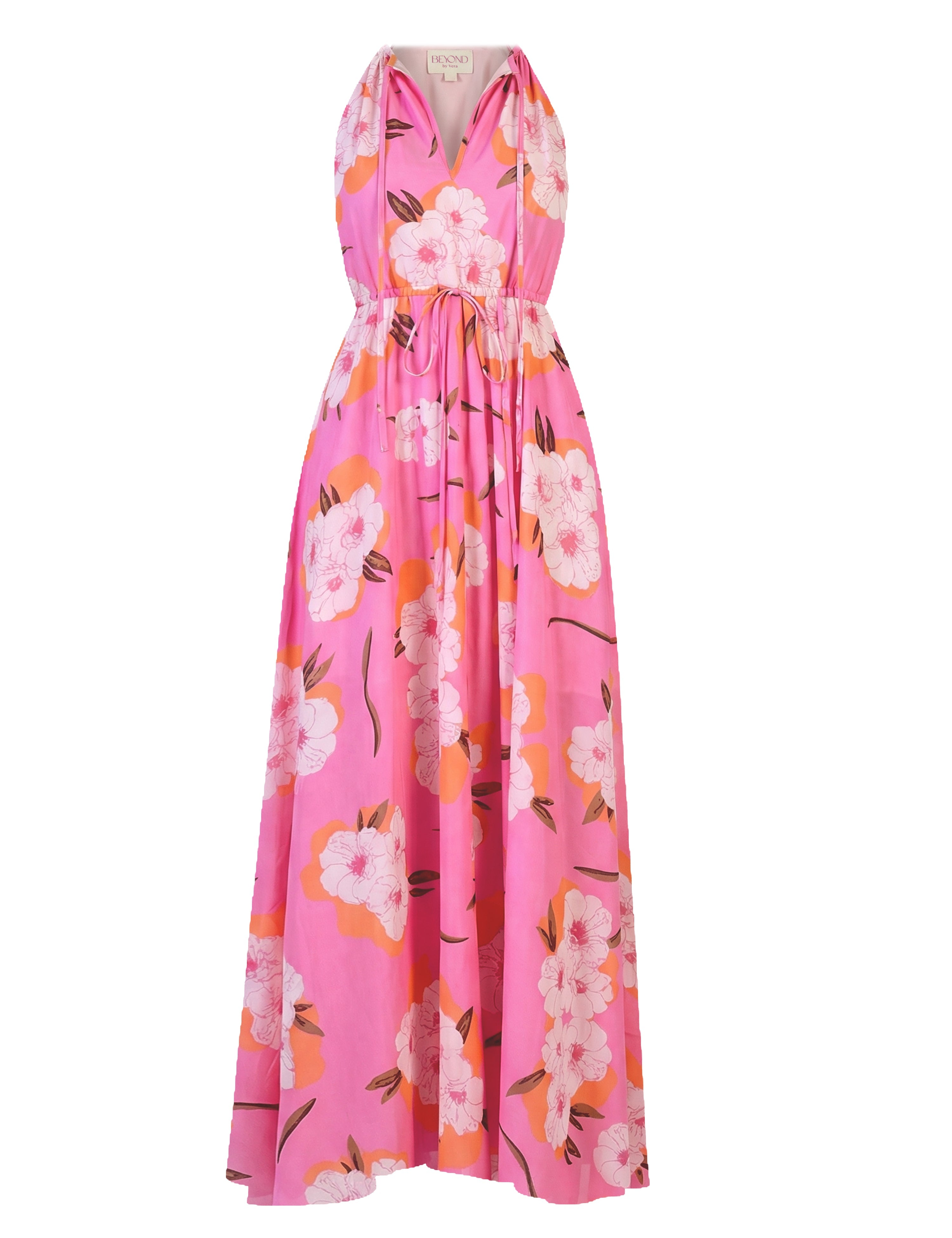 Fuchsia floral maxi dress with halter neckline, front view by Beyond by Vera