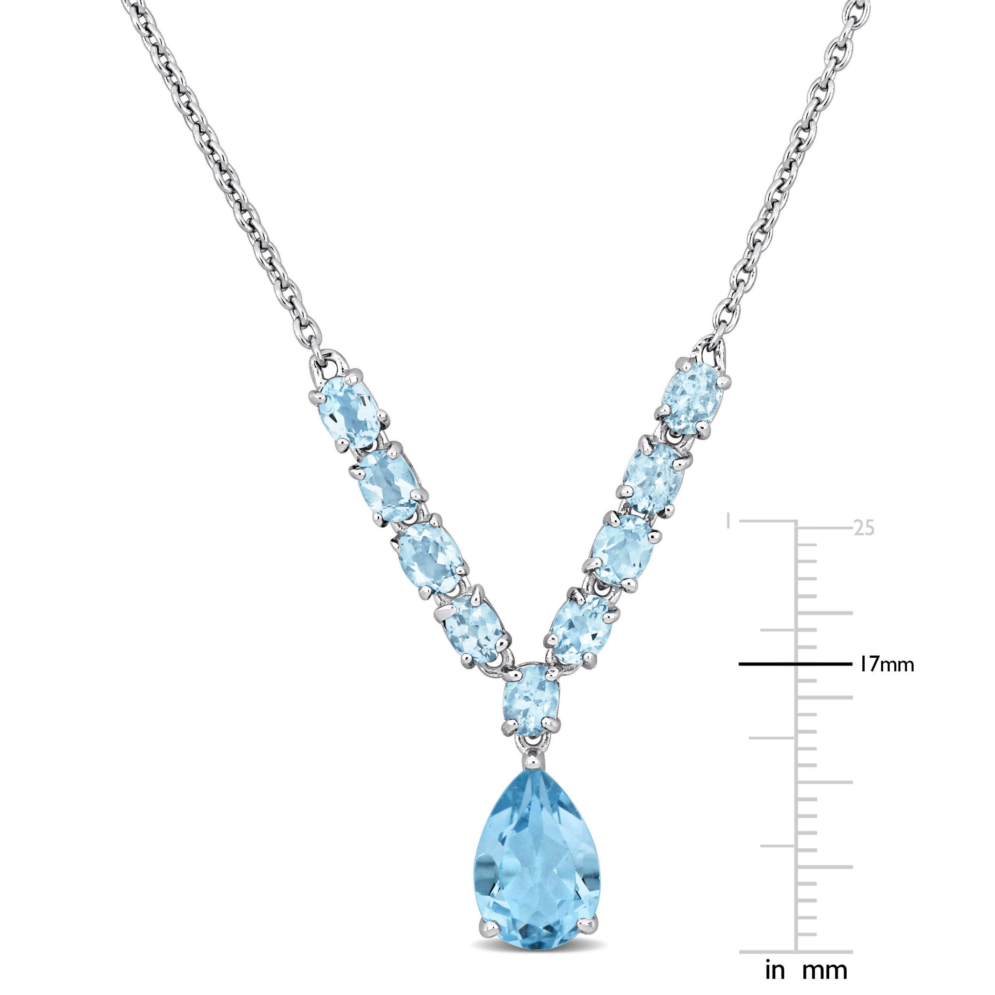 Blue gemstone drop necklace in sterling silver, angled view of pendant