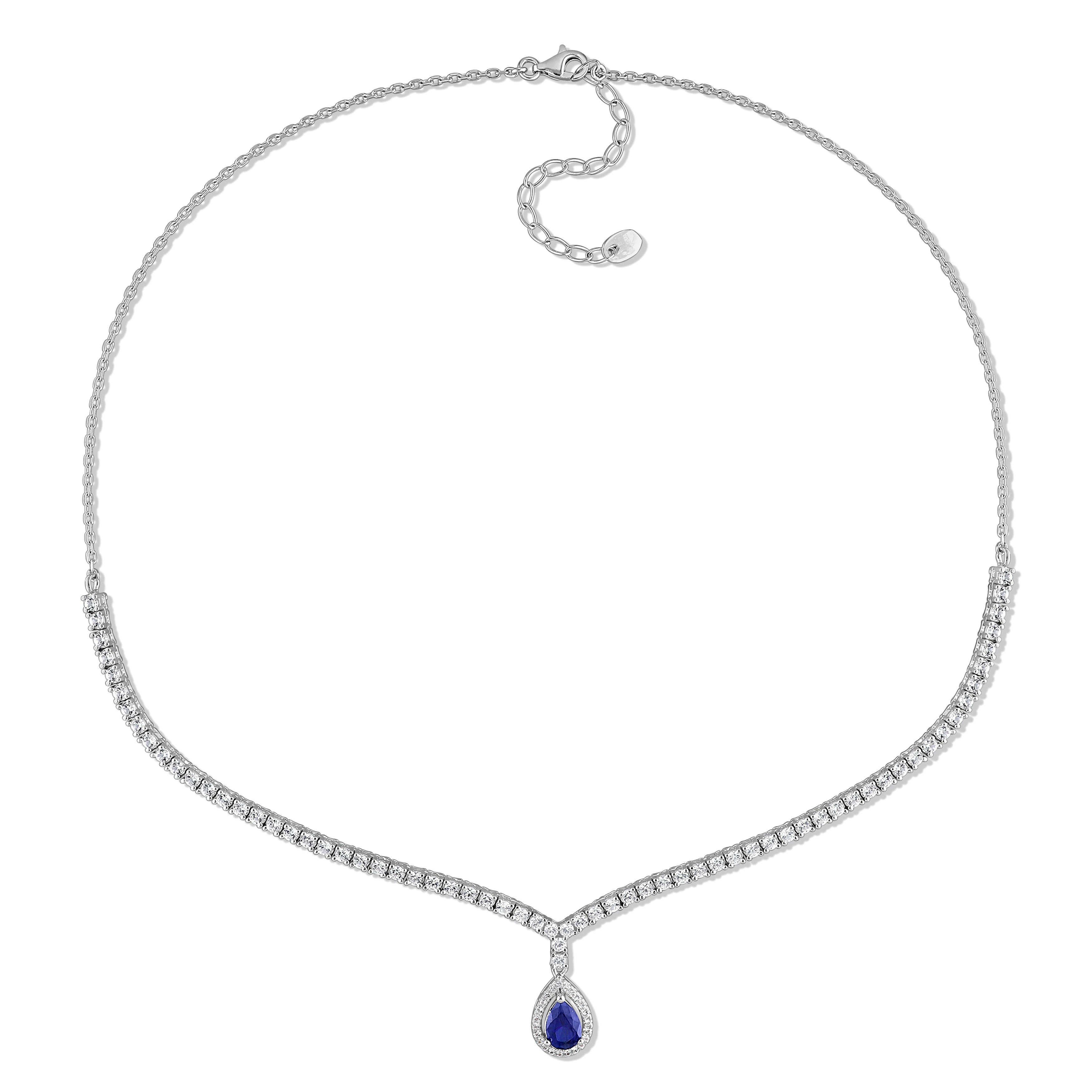 Blue sapphire halo pendant necklace by Lord & Taylor, detail view of teardrop design