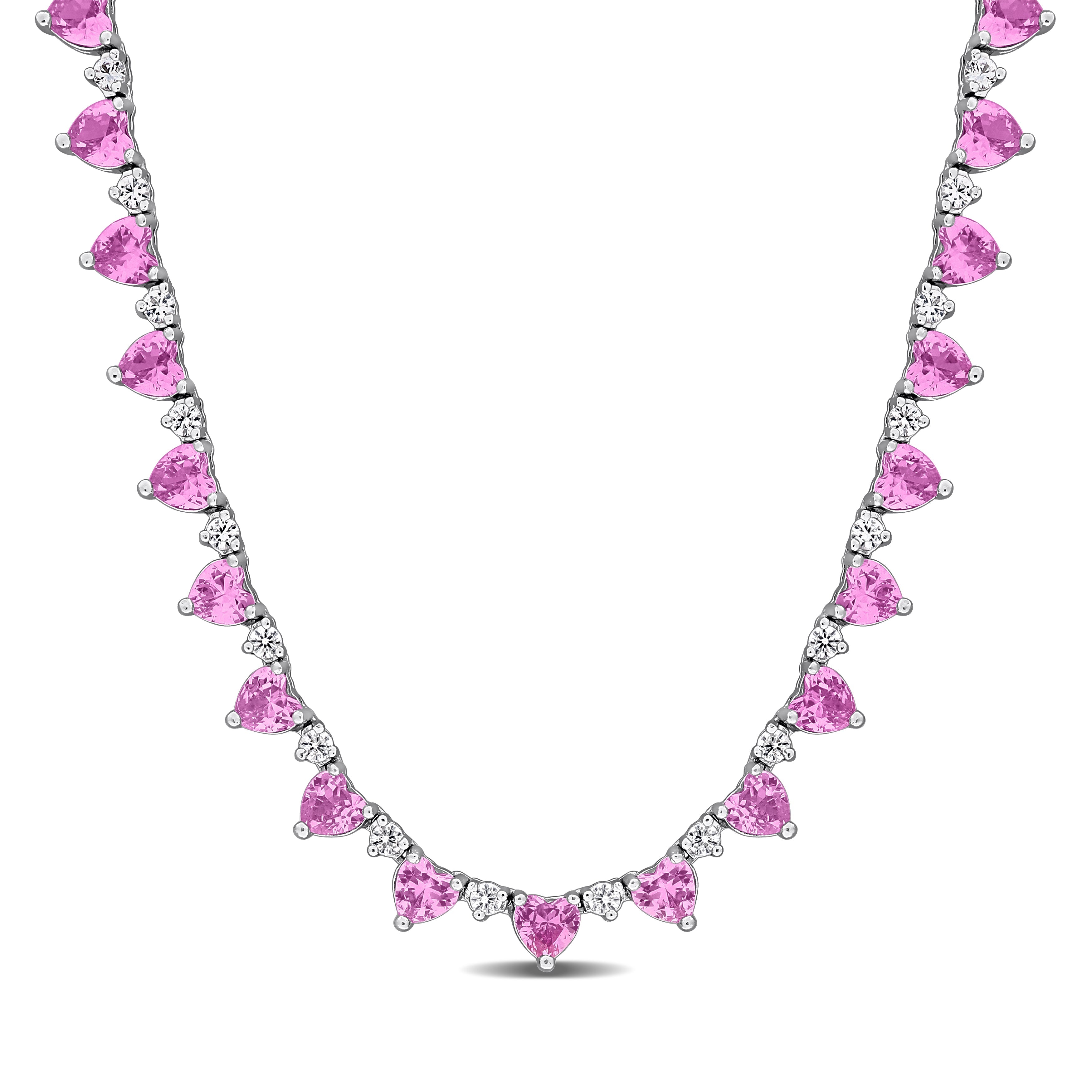 Pink sapphire heart tennis necklace in sterling silver, front view by Lord & Taylor