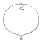 Sterling silver tennis necklace with pink sapphire pendant, detail view