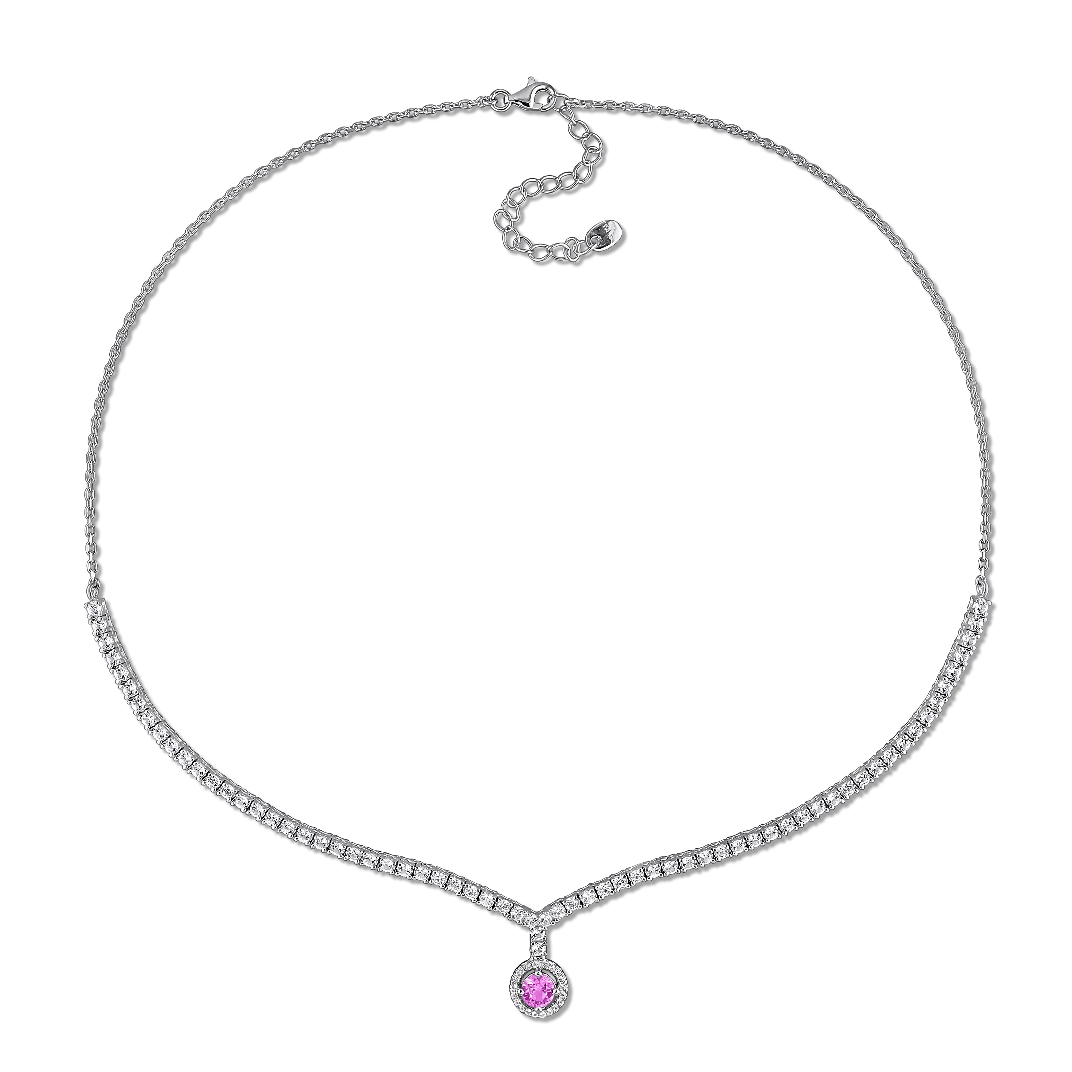 Sterling silver tennis necklace with pink sapphire pendant, detail view