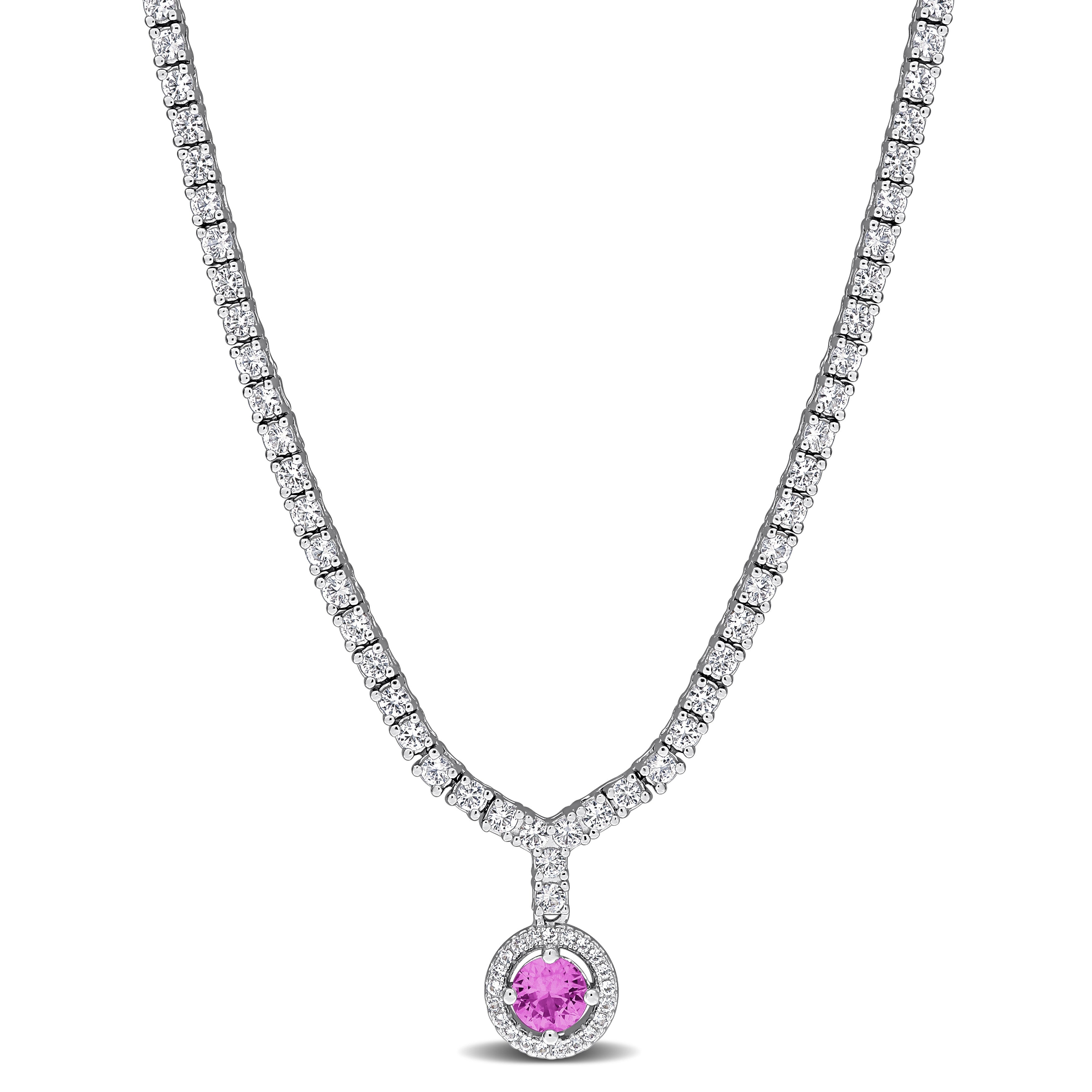 Pink sapphire halo tennis necklace in sterling silver by Lord & Taylor, front view