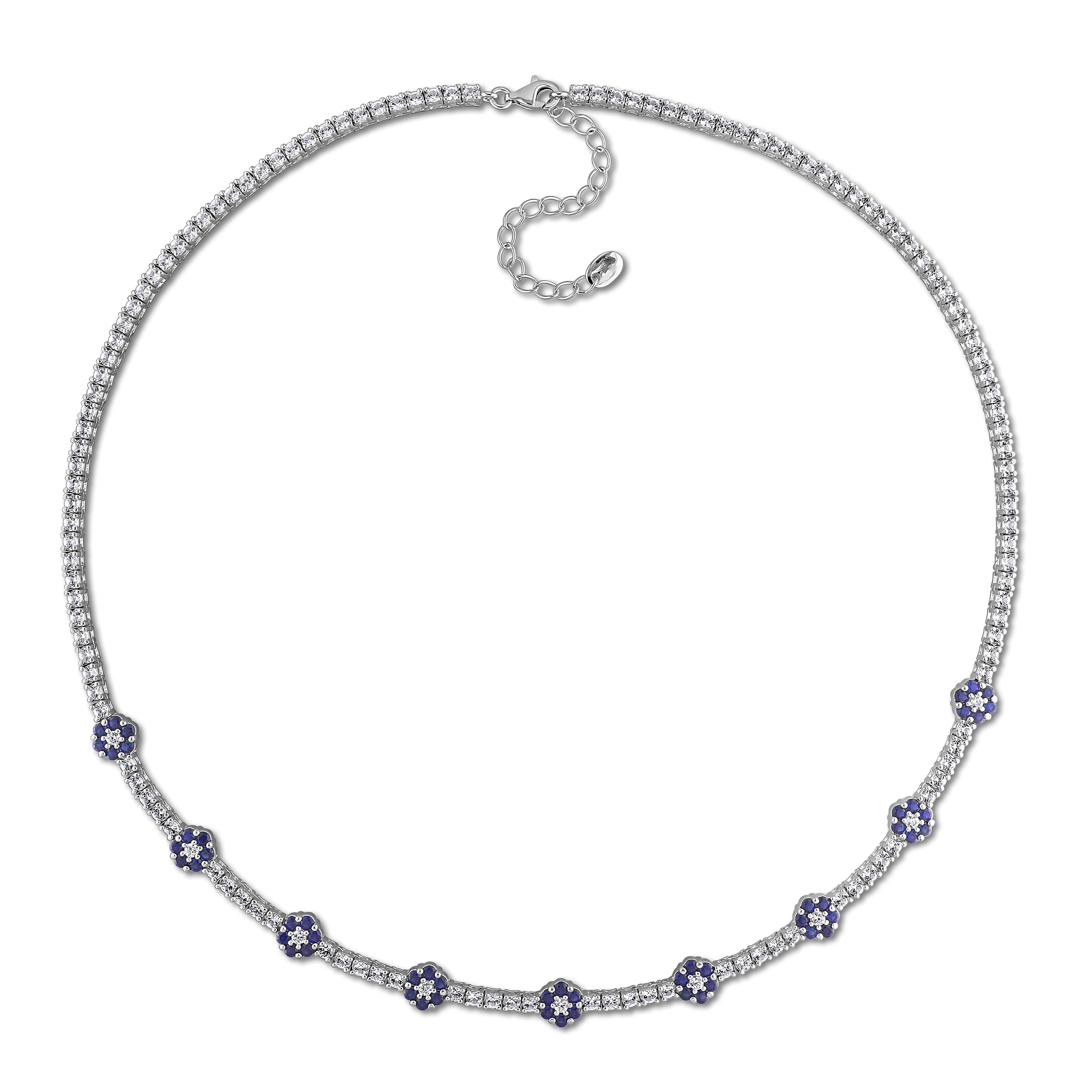 Blue sapphire flower tennis necklace, detail view of gemstone clusters