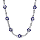 Blue sapphire flower tennis necklace in sterling silver, front view by Lord & Taylor
