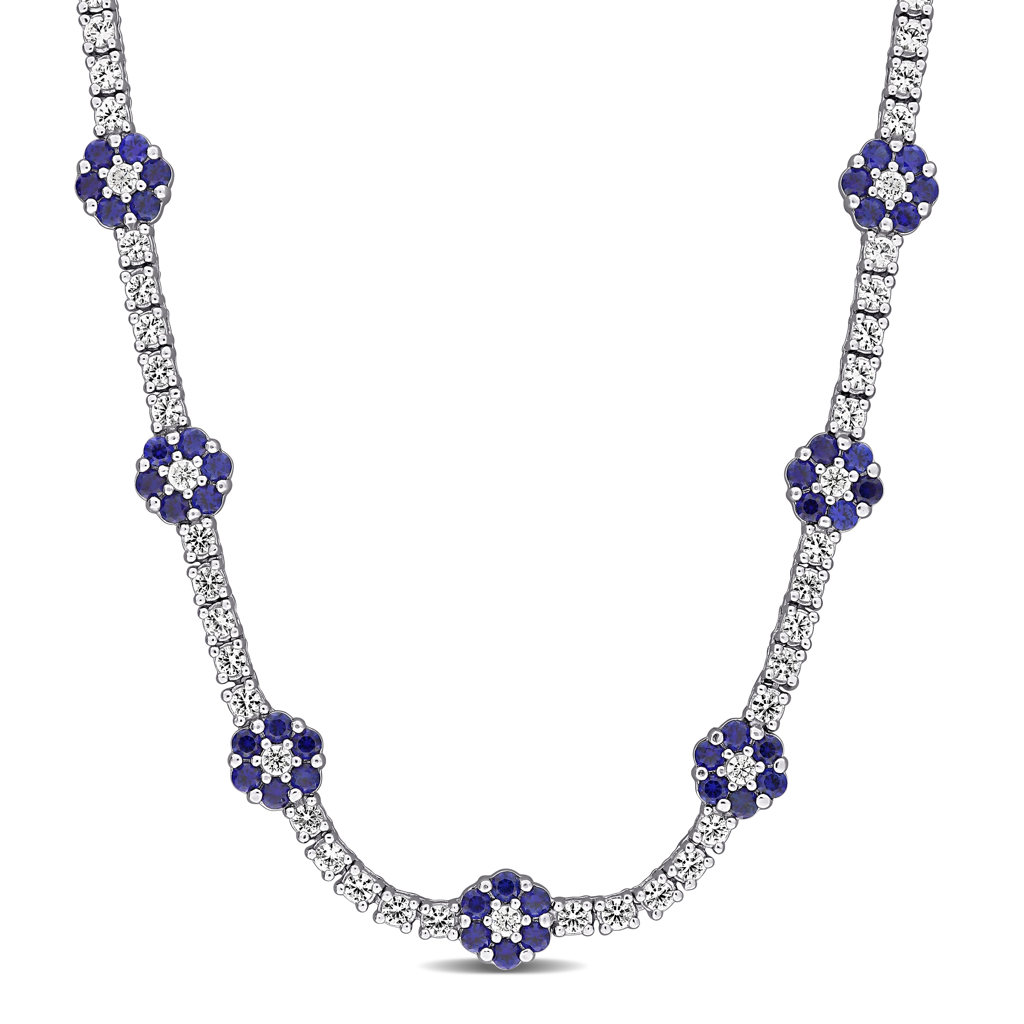 Blue sapphire flower tennis necklace in sterling silver, front view by Lord & Taylor