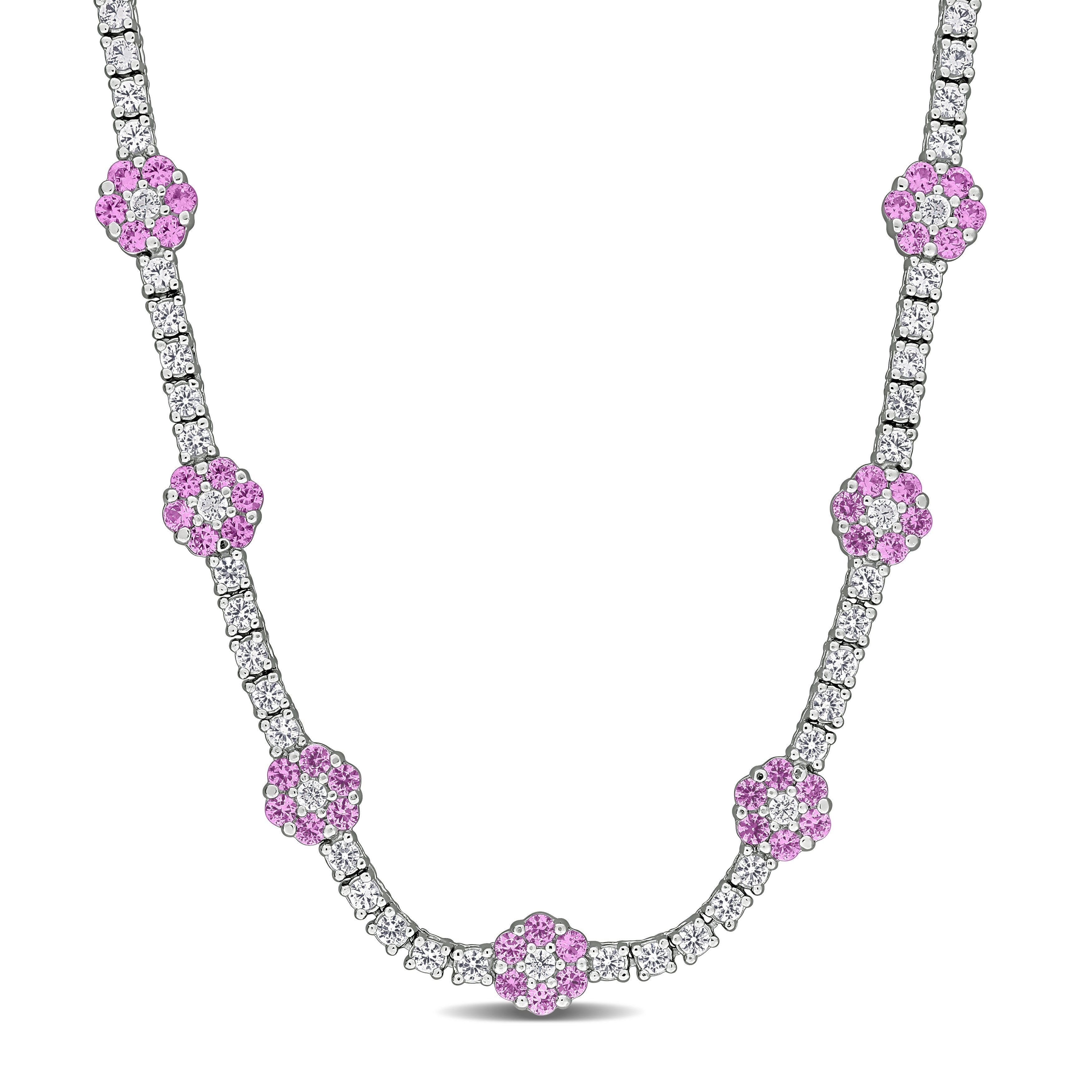 Pink sapphire flower tennis necklace in sterling silver, front view by Lord & Taylor
