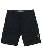 Navy blue Stone Island bermuda shorts with cargo pockets, front view