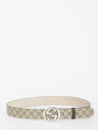 Beige and ebony Gucci GG Supreme canvas belt with silver GG buckle, front view