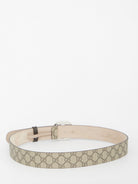Beige Gucci GG Supreme belt with brown leather trims, detail view