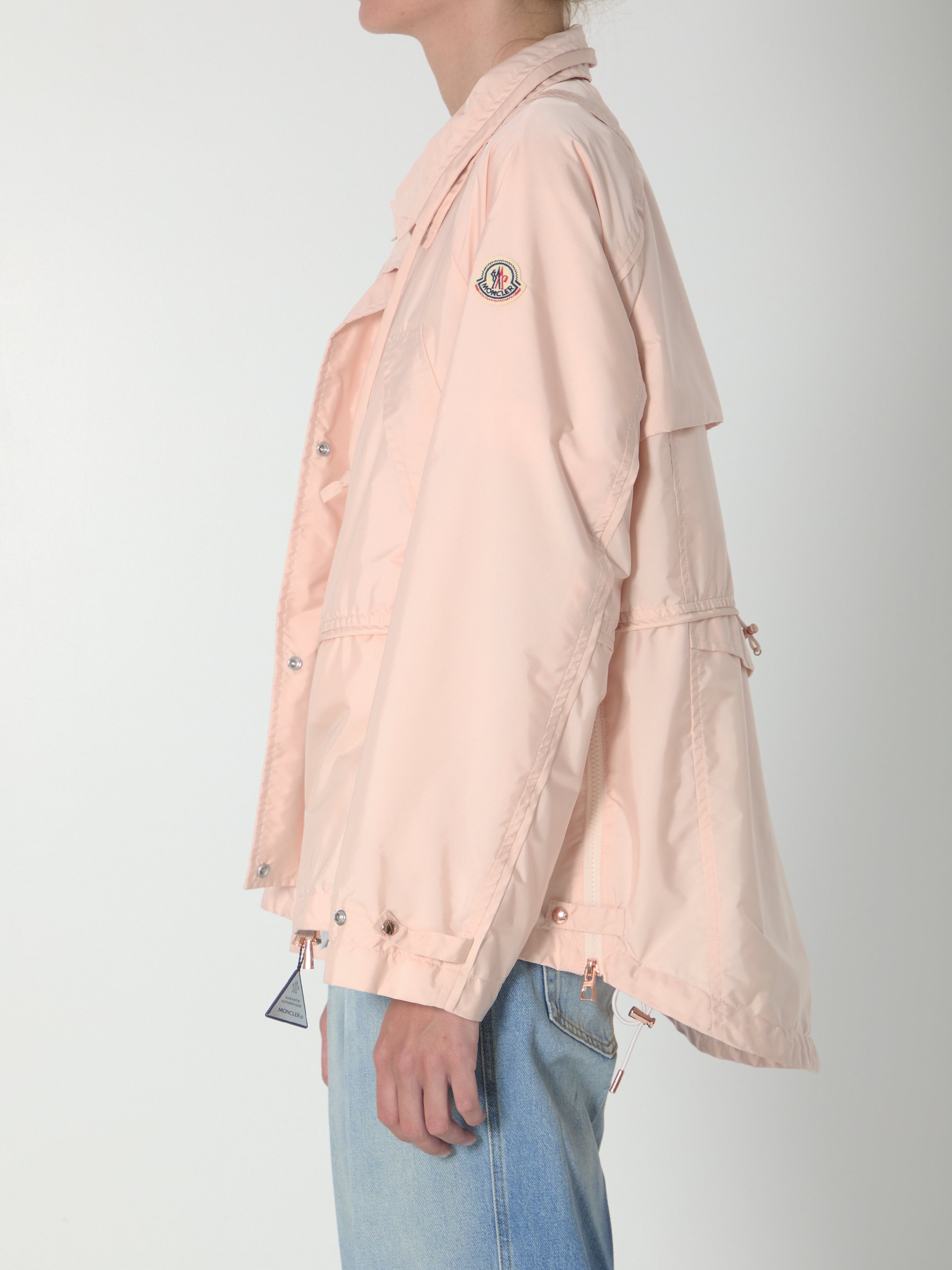 Moncler Reghena parka showing logo patch and sleeve detail