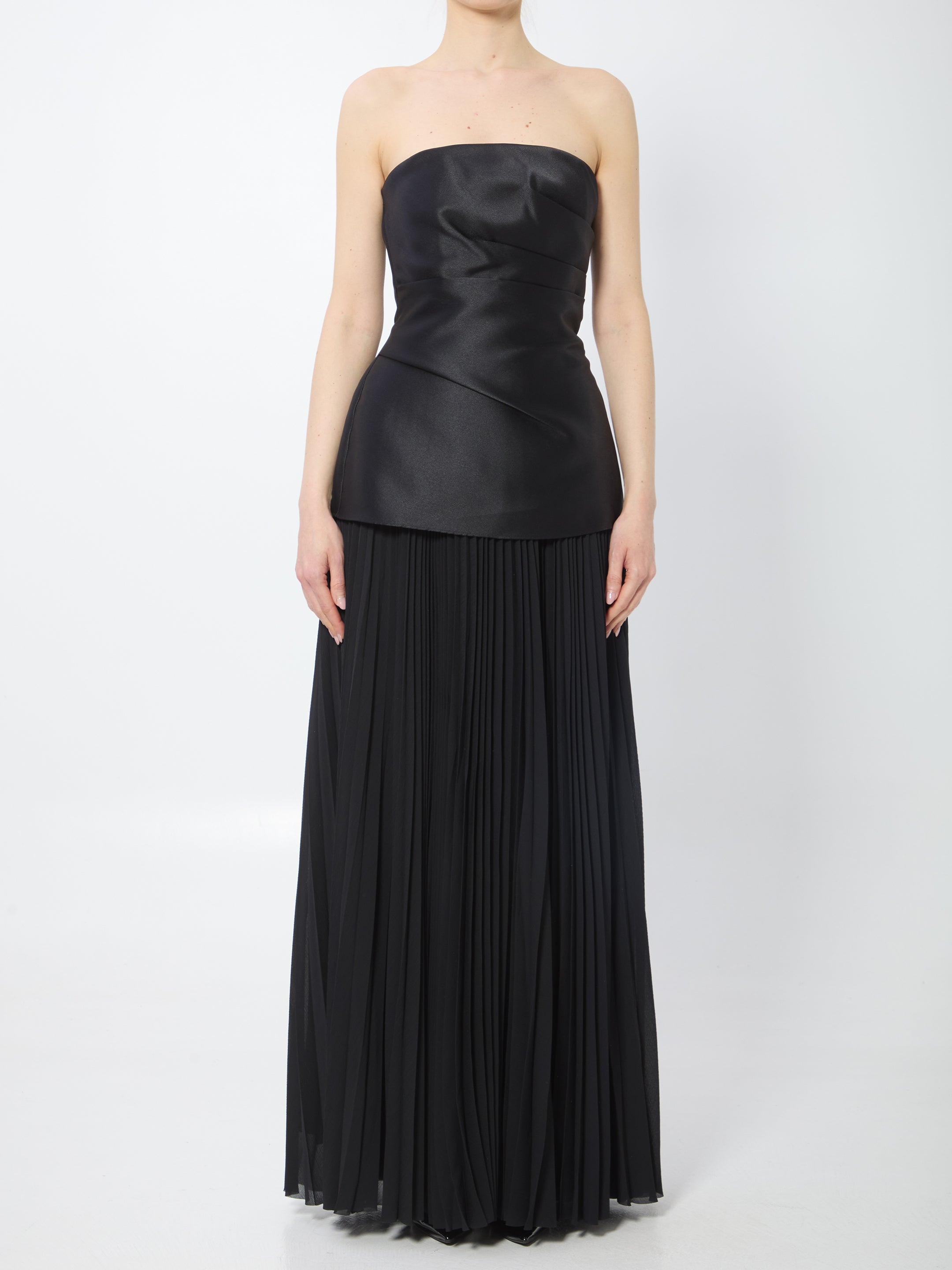 Black SOLACE London Claudette maxi dress with draped bustier, front view