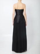 Black polyester twill maxi dress with sweetheart neckline by SOLACE London, detail view