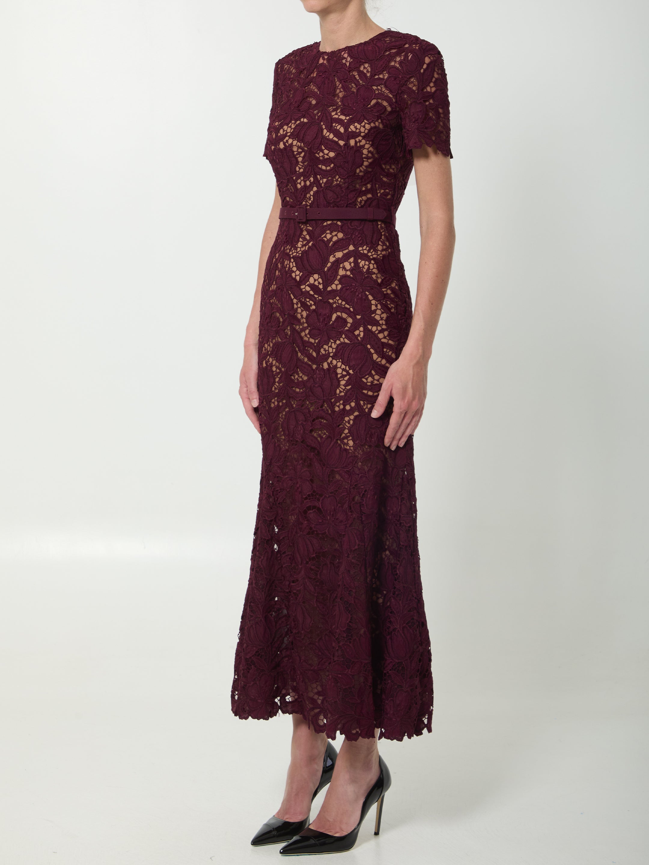 Self-Portrait-Lace Midi Dress Bordeaux-Dresses