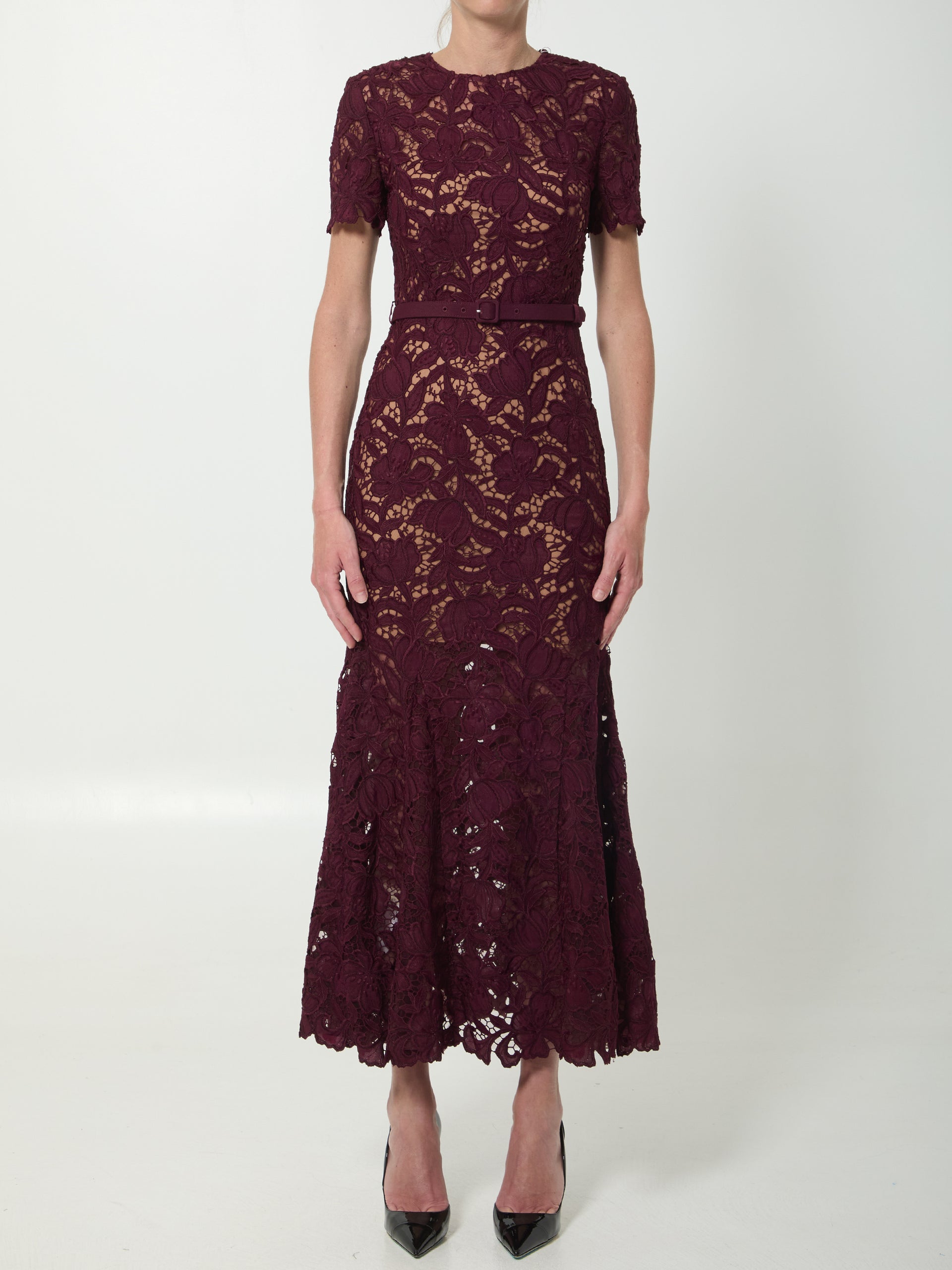 Self-Portrait-Lace Midi Dress Bordeaux-Dresses
