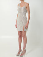 Beige champagne rhinestone mini dress with open back and side draping, back view by Self Portrait